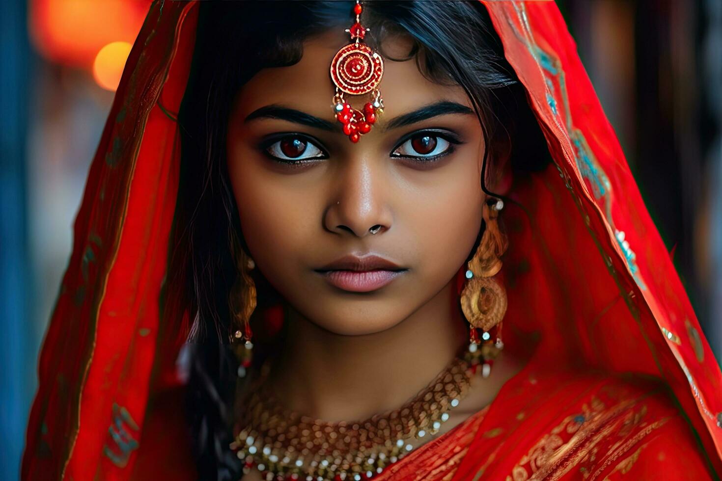 hermosa indio niña hindú hembra modelo en sari y kundan accesorios rojo  tradicional disfraz de India 29628630 Foto de stock en Vecteezy