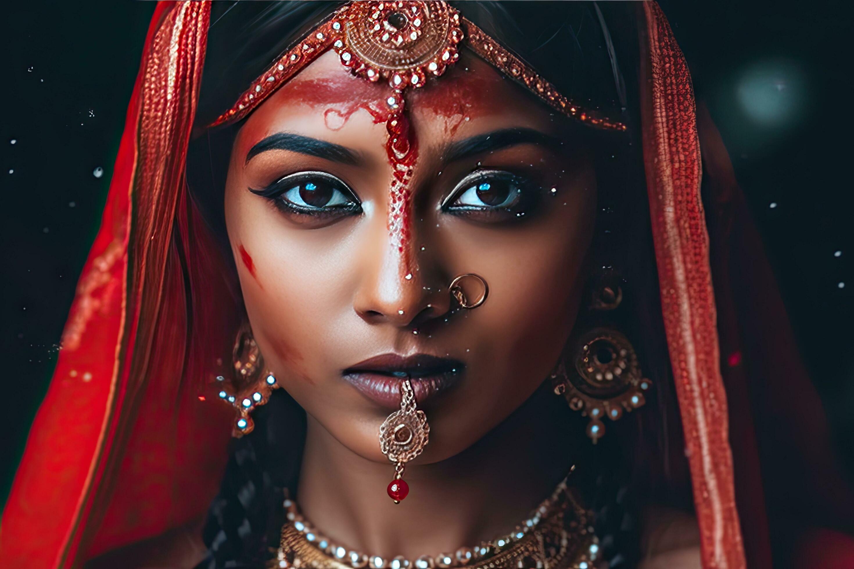 Beautiful indian girl hindu female model in sari and kundan accessories