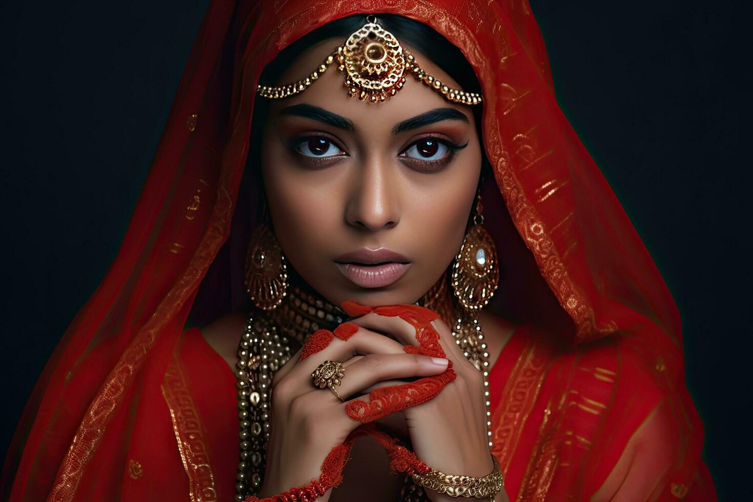 Beautiful Indian girl Hindu female model in sari and kundan accessories red traditional costume of india photo