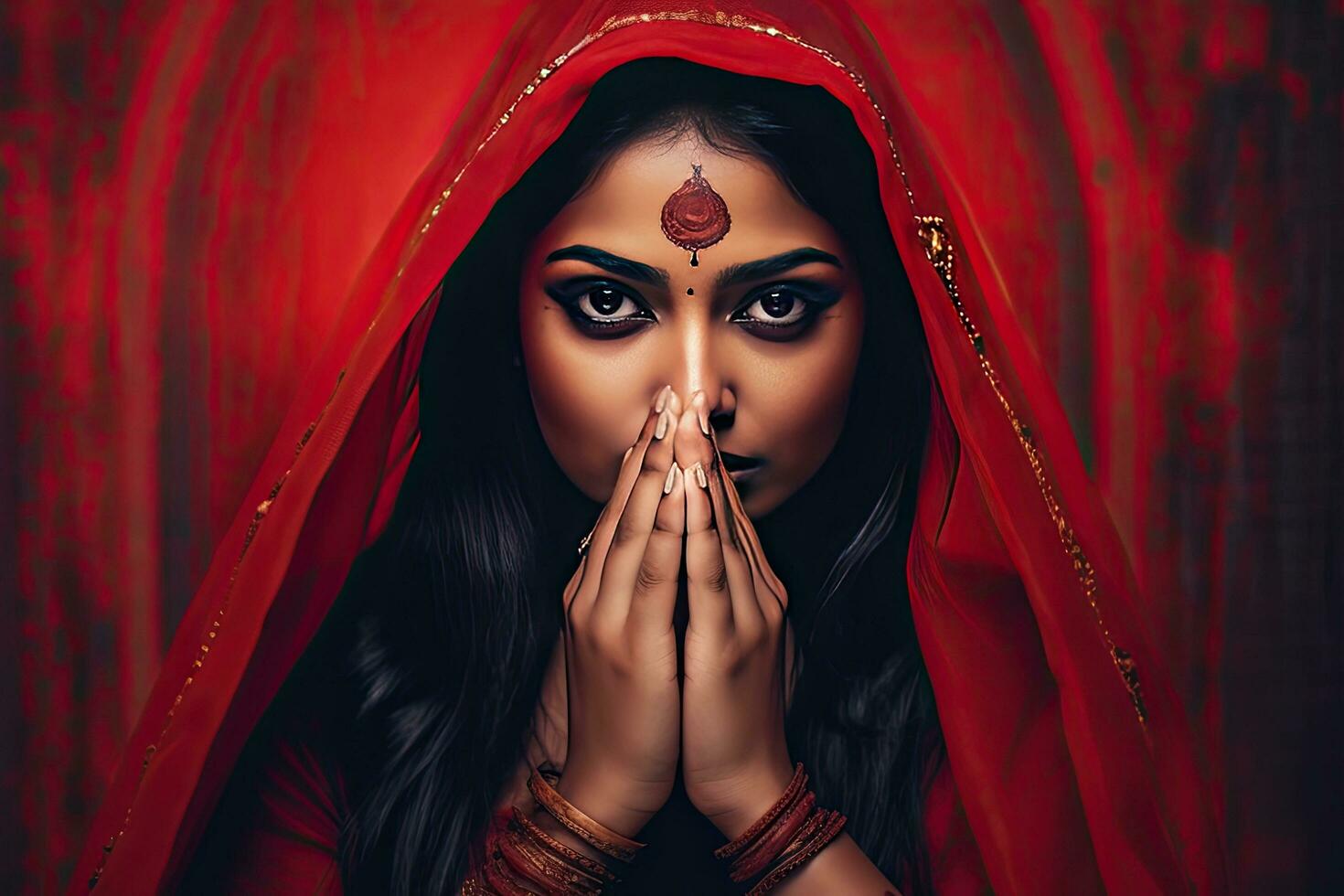 Beautiful Indian girl Hindu female model in sari and kundan accessories