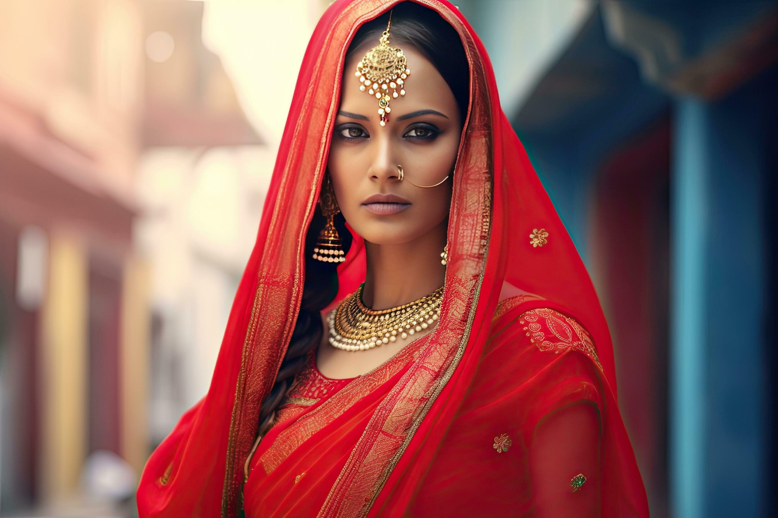 hermosa indio niña hindú hembra modelo en sari y kundan accesorios rojo  tradicional disfraz de India 29628671 Foto de stock en Vecteezy