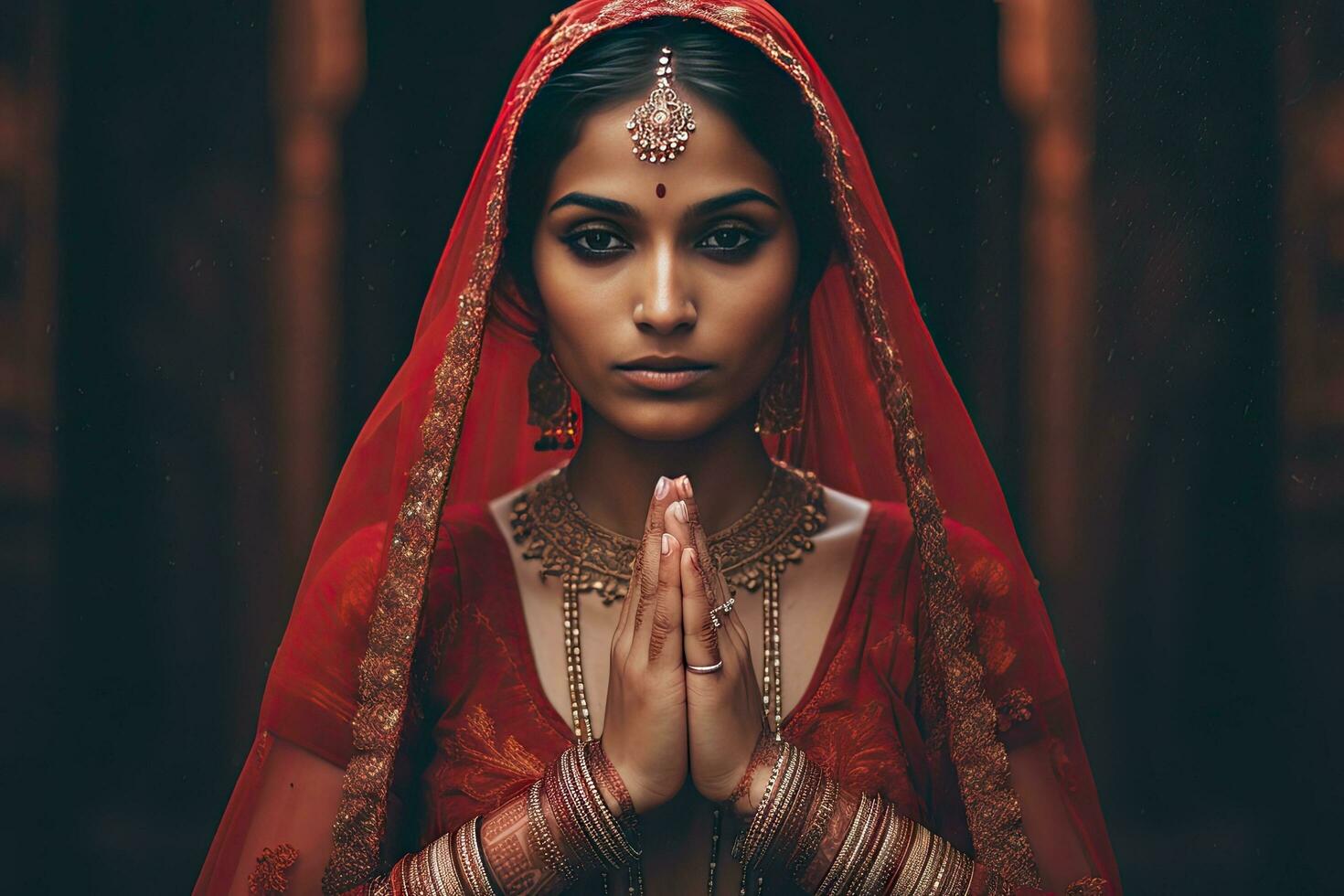 Beautiful Indian girl Hindu female model in sari and kundan accessories red traditional costume of india photo