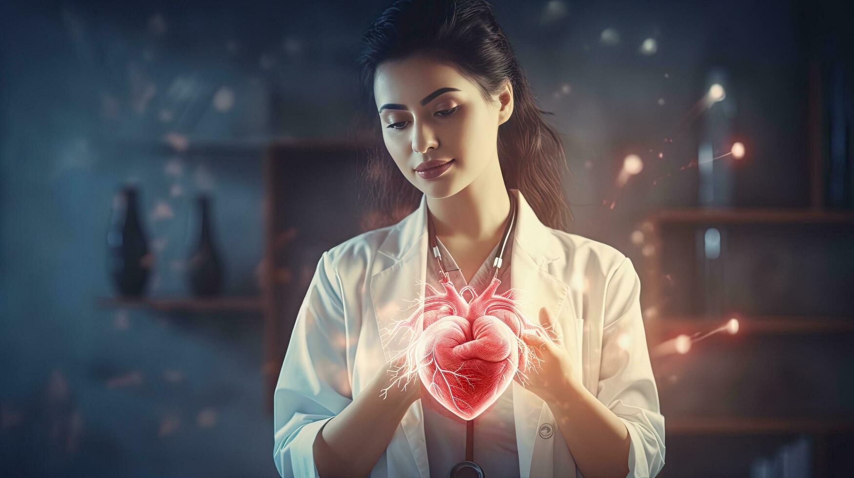Female doctor touchstone virtual heart in hand hand drawn human organs Highlighting red is a symbol of disease. hospital treatment concept photo