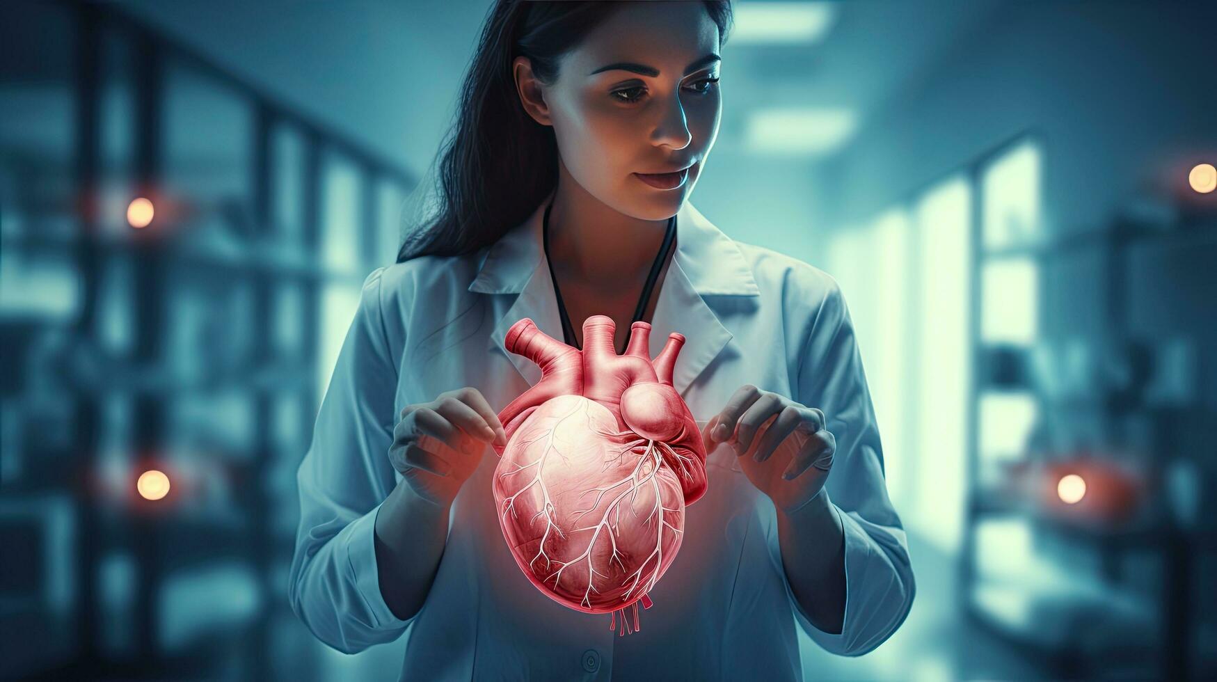 Female doctor touchstone virtual heart in hand hand drawn human organs Highlighting red is a symbol of disease. hospital treatment concept photo