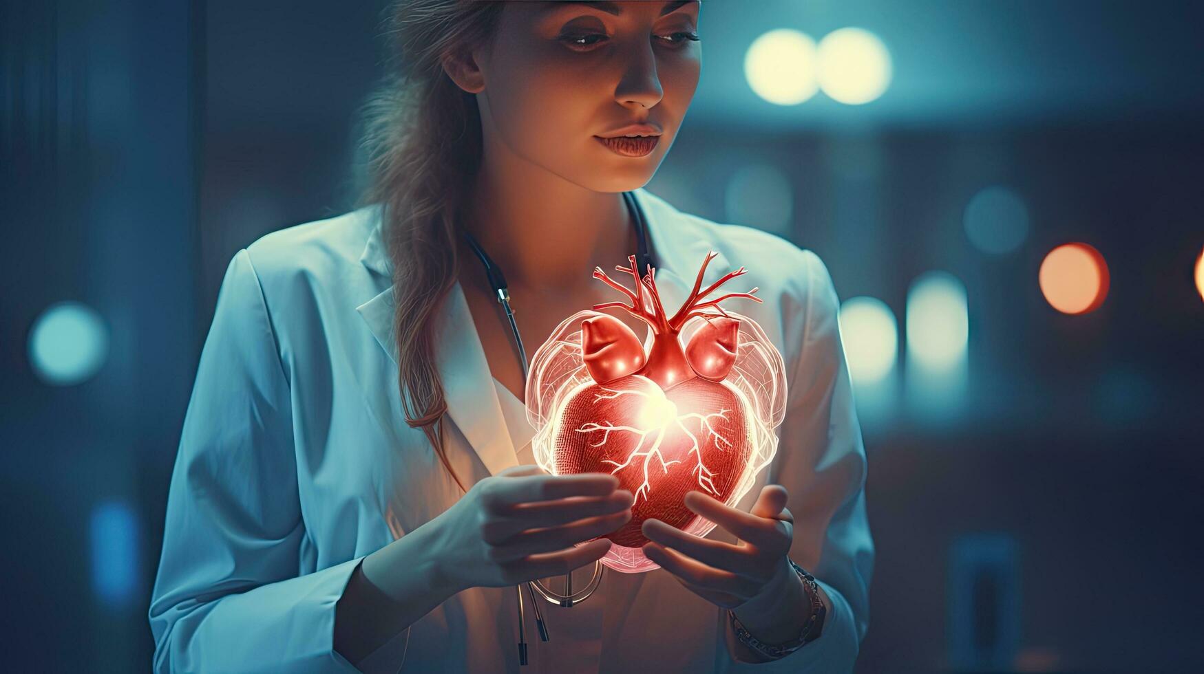 Female doctor touchstone virtual heart in hand hand drawn human organs Highlighting red is a symbol of disease. hospital treatment concept photo