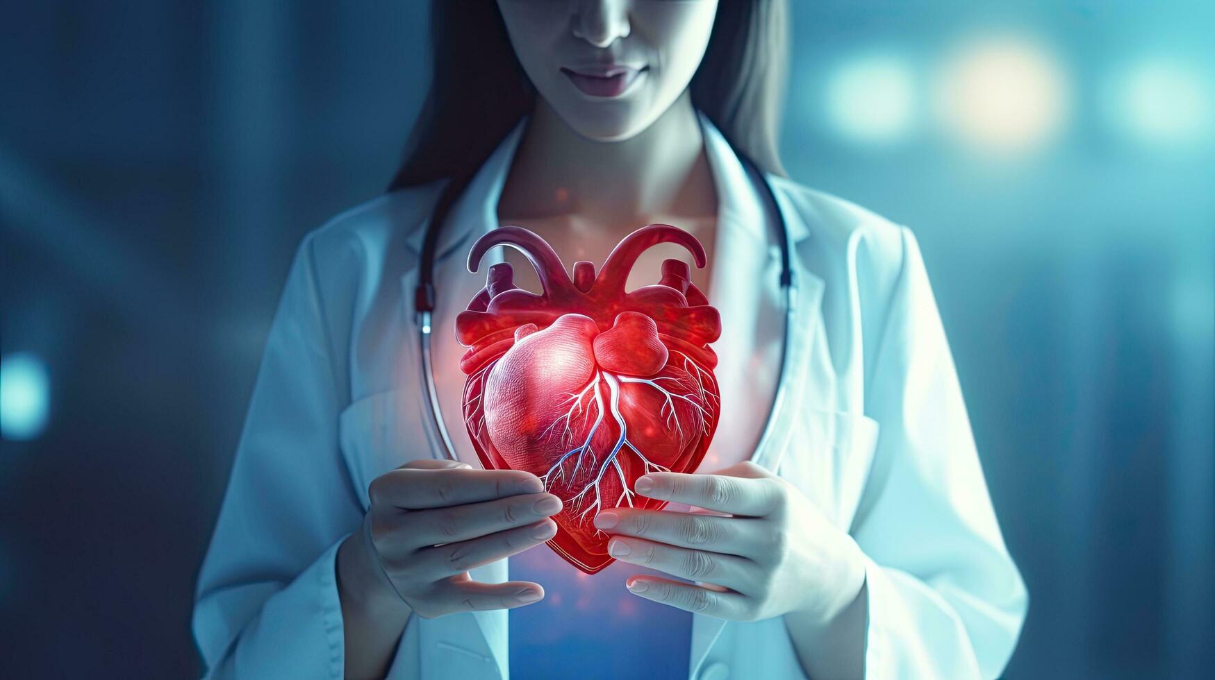Female doctor touchstone virtual heart in hand hand drawn human organs Highlighting red is a symbol of disease. hospital treatment concept photo