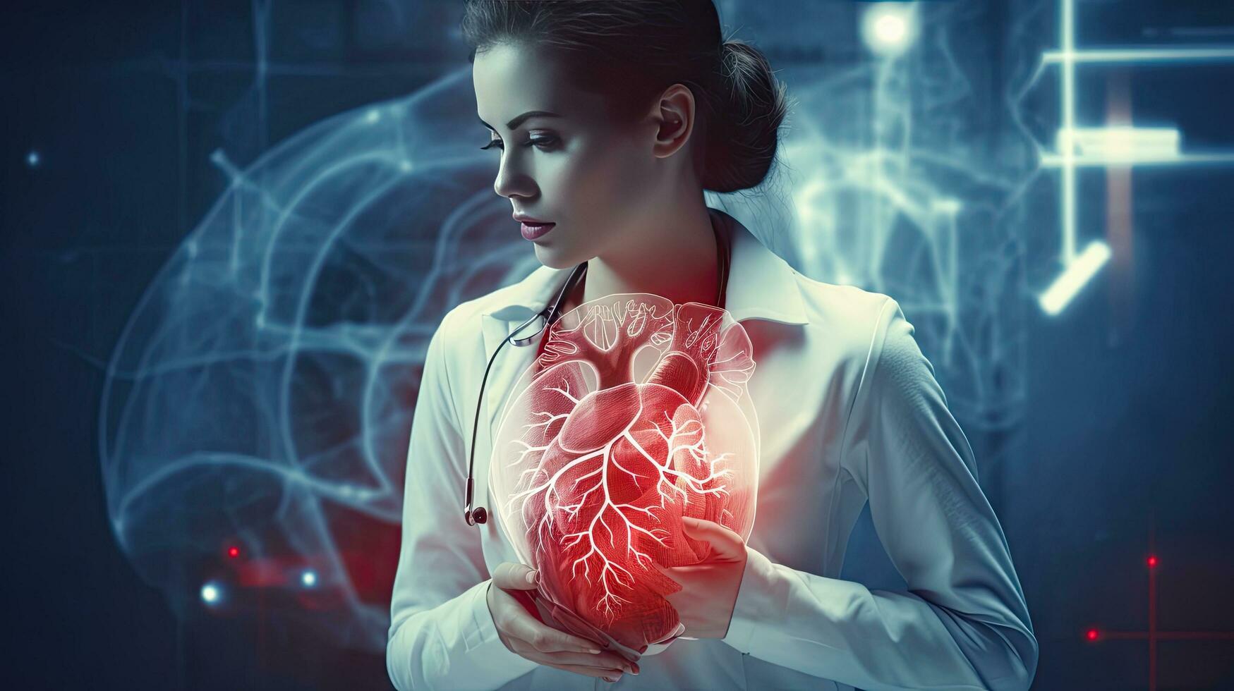 Female doctor touchstone virtual heart in hand hand drawn human organs Highlighting red is a symbol of disease. hospital treatment concept photo