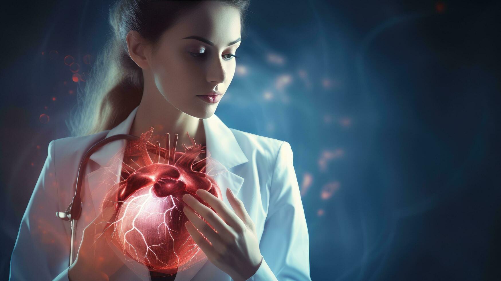 Female doctor touchstone virtual heart in hand hand drawn human organs Highlighting red is a symbol of disease. hospital treatment concept photo