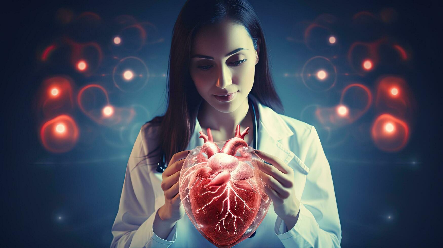 Female doctor touchstone virtual heart in hand hand drawn human organs Highlighting red is a symbol of disease. hospital treatment concept photo