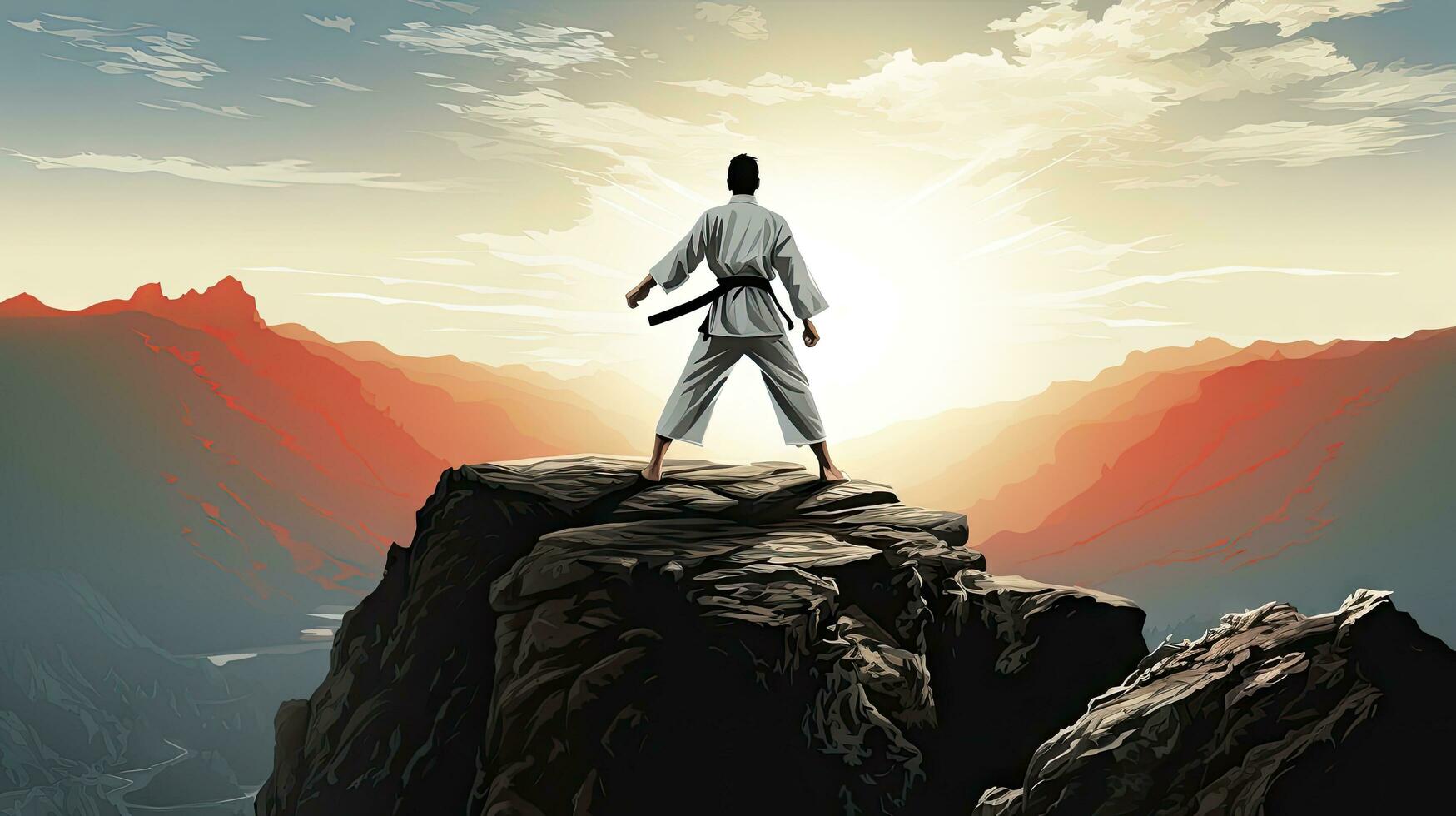 Isolated white karate fighter in white uniform standing in the middle of a cliff photo