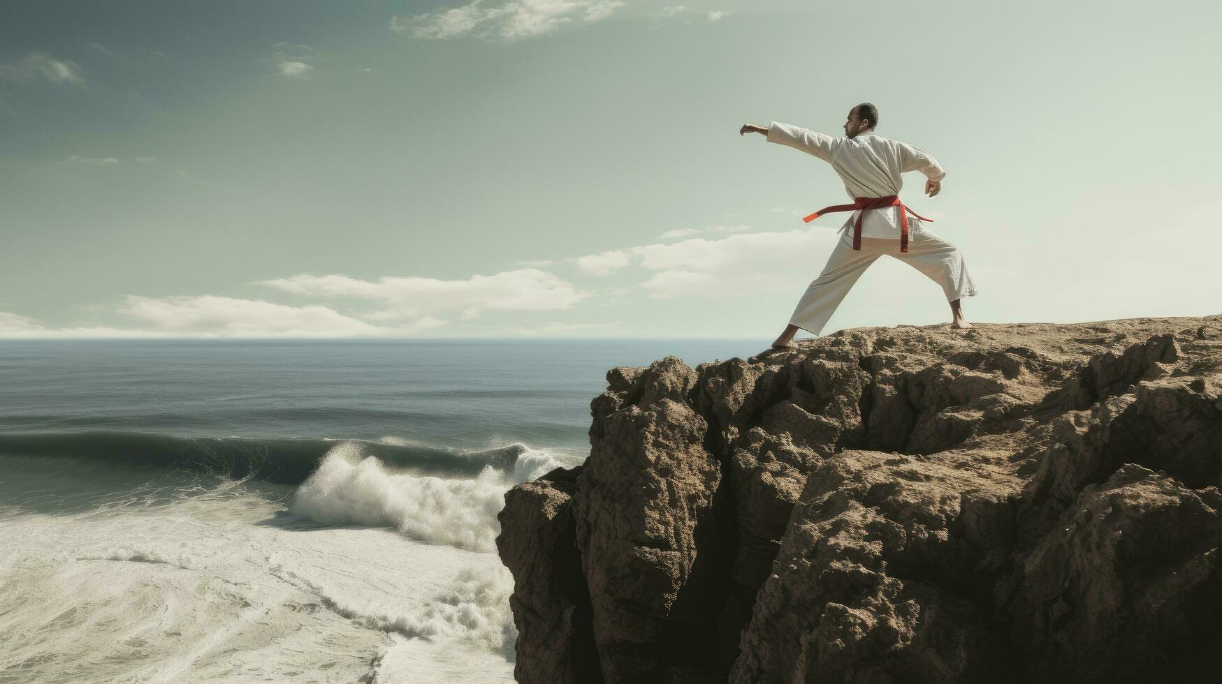 Isolated white karate fighter in white uniform standing in the middle of a cliff photo