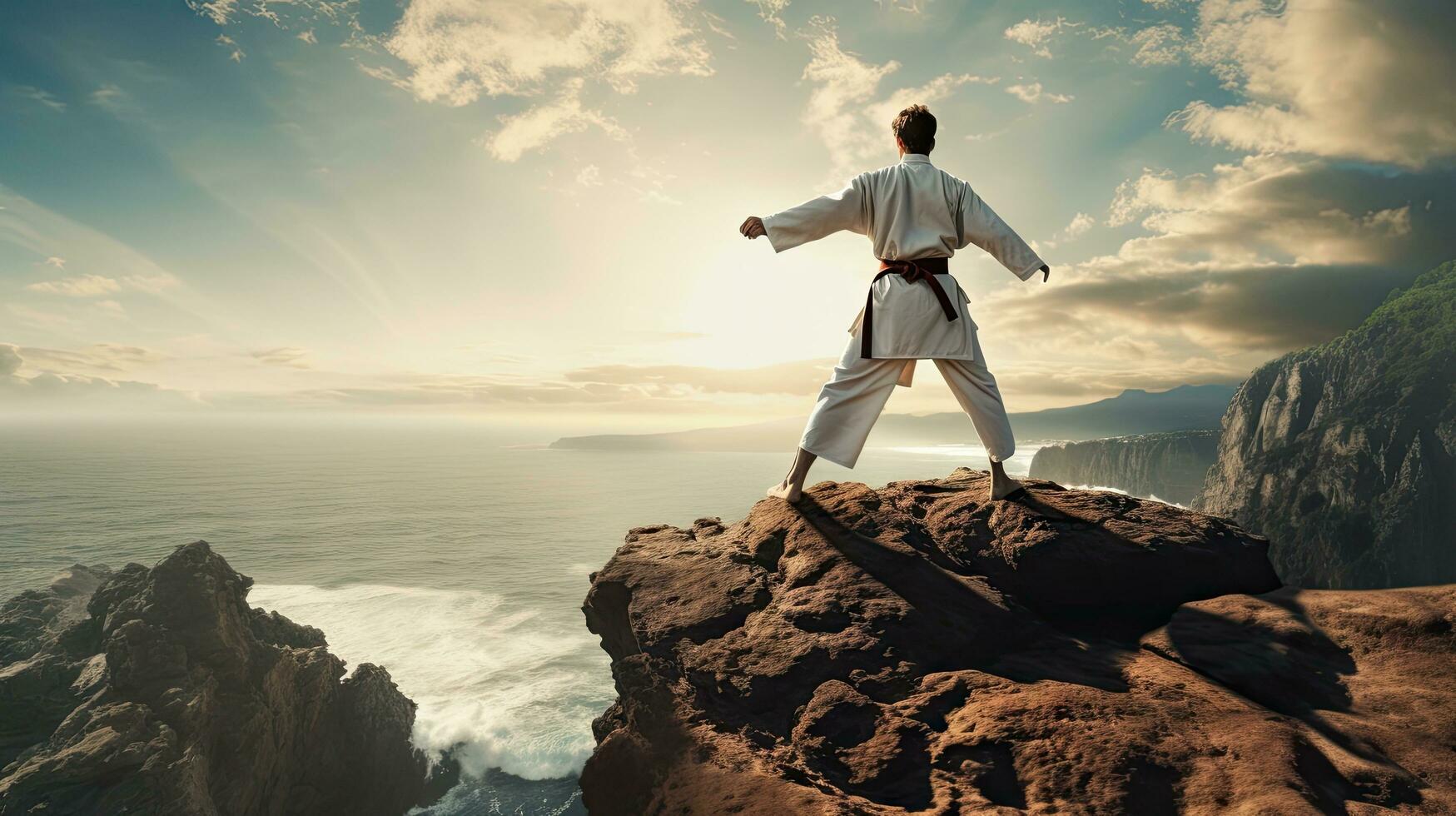 Isolated white karate fighter in white uniform standing in the middle of a cliff photo