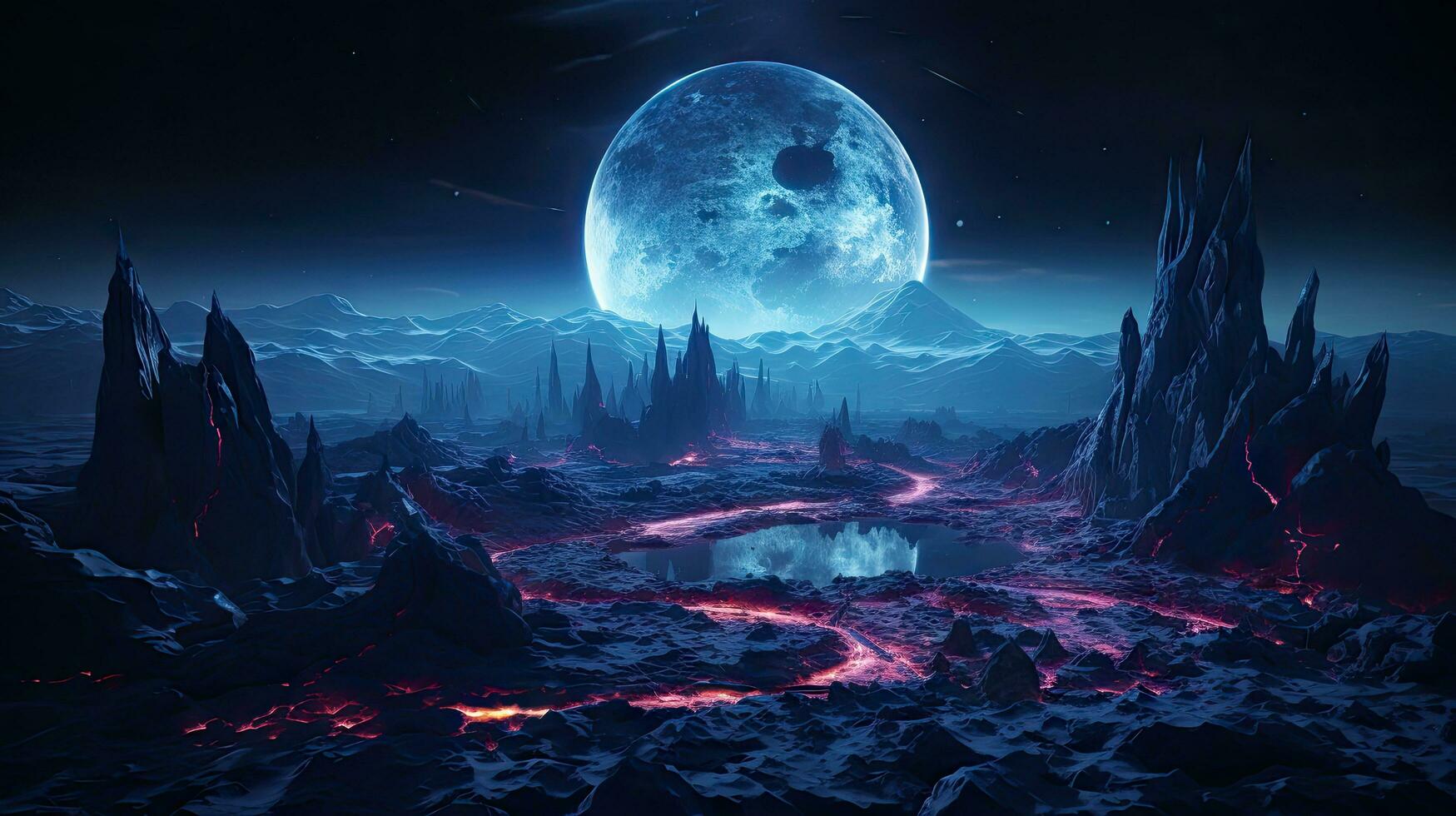 Stars, planets, fantasy landscapes of the future. Futuristic space sci-fi abstract background Sci-fi landscape with planets, neon lights, cool planets, 3D render. photo