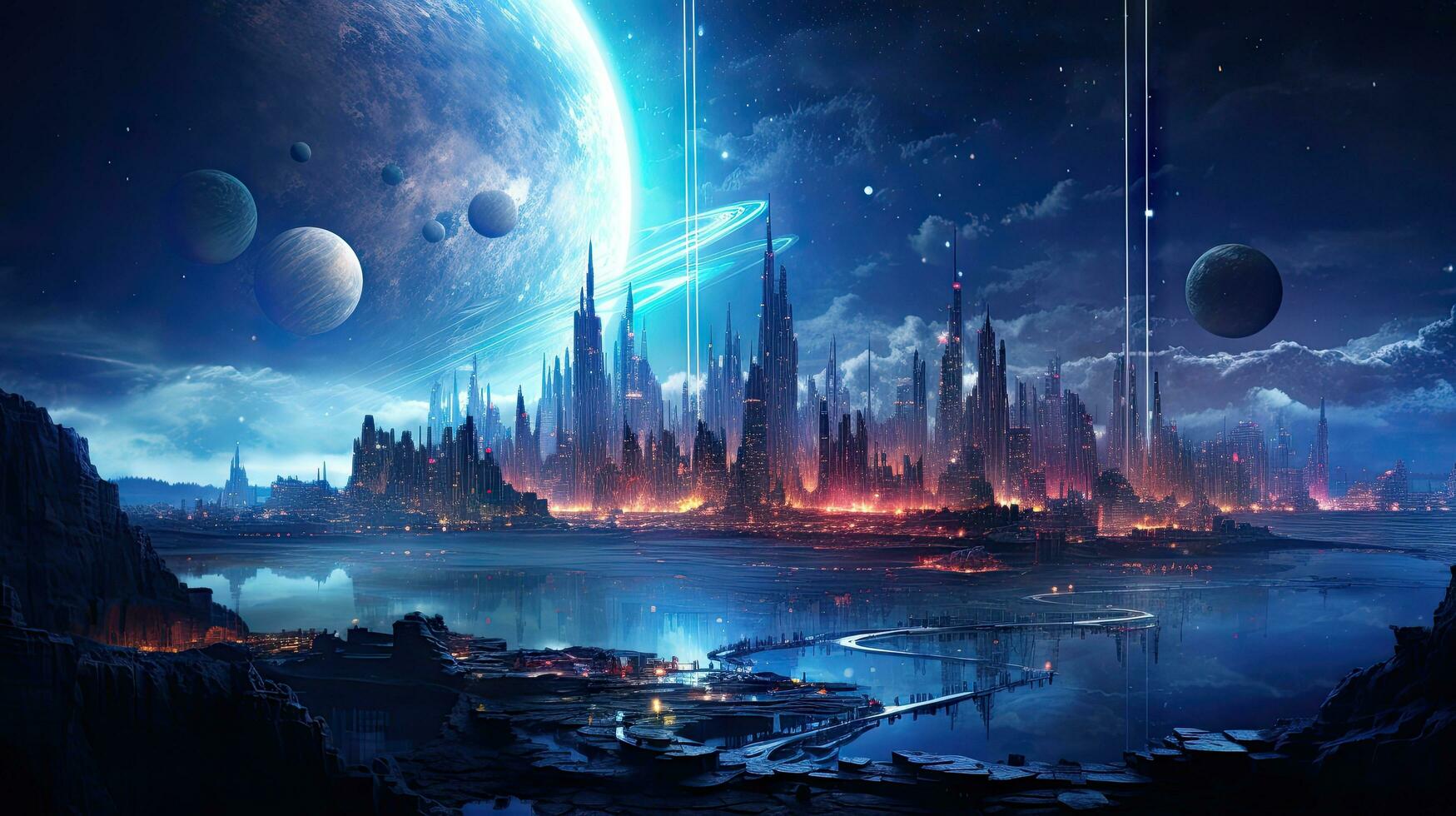 Stars, planets, fantasy landscapes of the future. Futuristic space sci-fi abstract background Sci-fi landscape with planets, neon lights, cool planets, 3D render. photo