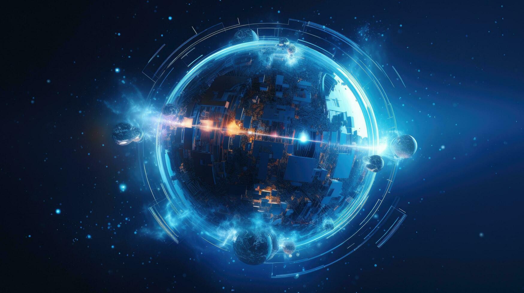 Stars, planets, fantasy landscapes of the future. Futuristic space sci-fi abstract background Sci-fi landscape with planets, neon lights, cool planets, 3D render. photo