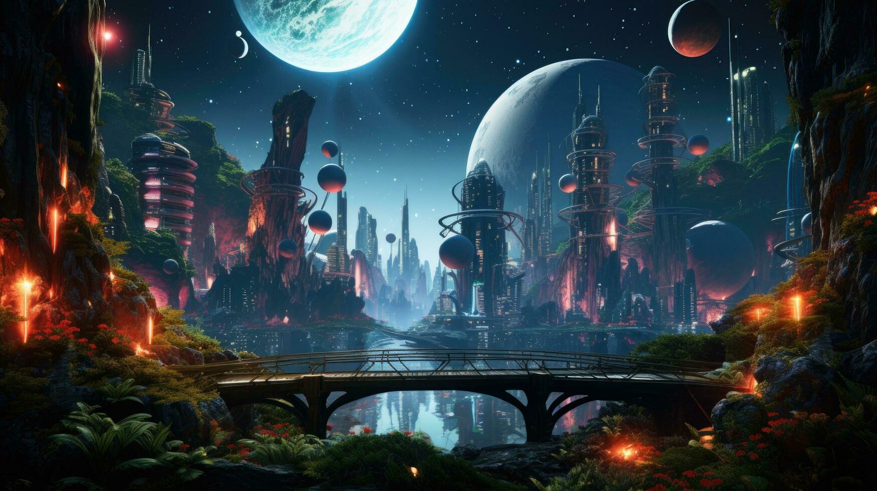 estrellas, planetas, fantasía paisajes de el futuro. futurista espacio ciencia ficción resumen antecedentes ciencia ficción paisaje con planetas, neón luces, frio planetas, 3d prestar. foto