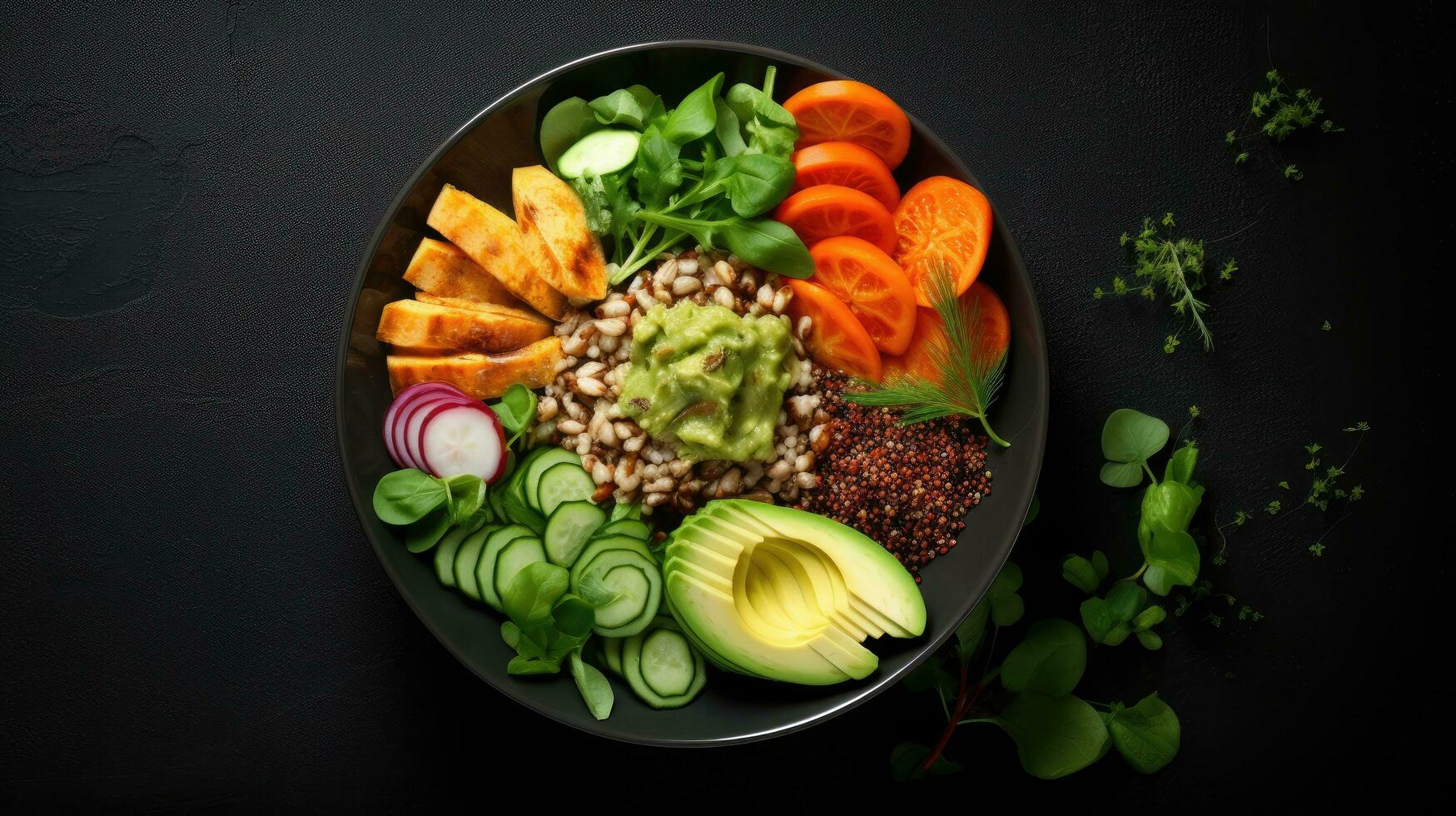 Red quinoa bowl with avocado, radishes, scallions, cherry tomatoes, chives and fresh basil. Top view. Copy space. photo