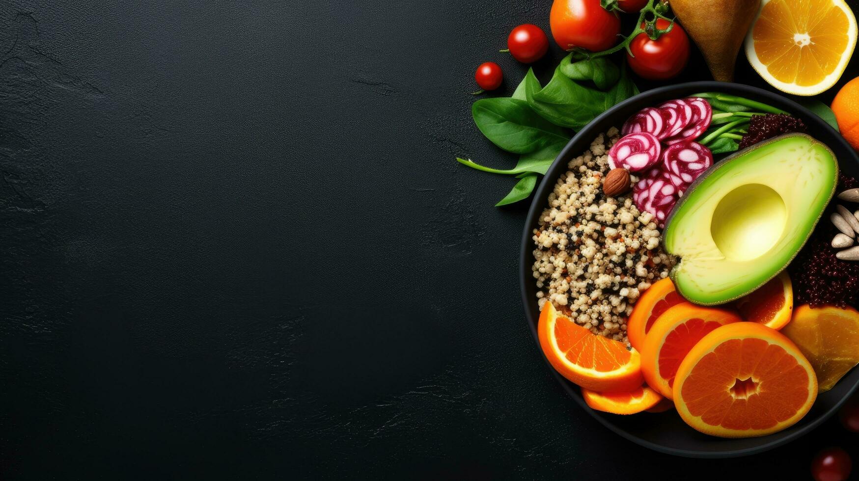 Red quinoa bowl with avocado, radishes, scallions, cherry tomatoes, chives and fresh basil. Top view. Copy space. photo