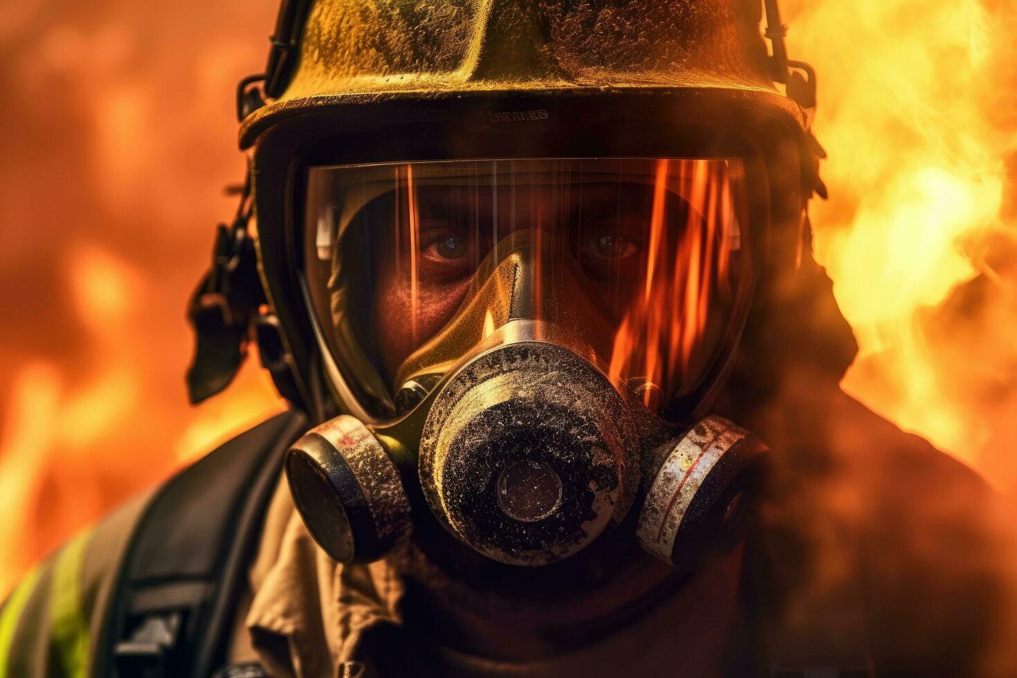 Close-up of firefighters wearing masks. Fight wildfires as climate change and global warming drive wildfire trends around the world photo