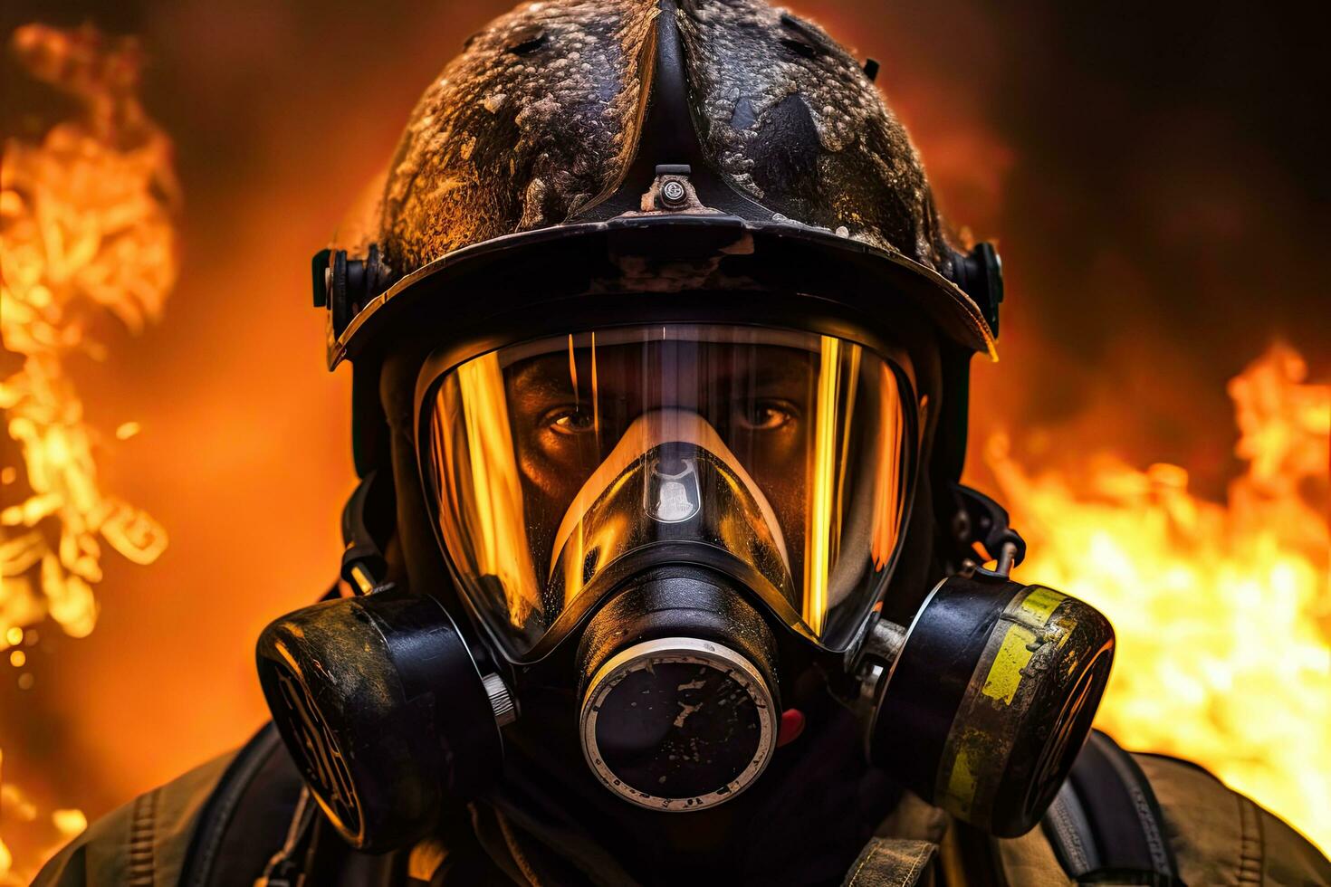 Close-up of firefighters wearing masks. Fight wildfires as climate change and global warming drive wildfire trends around the world photo