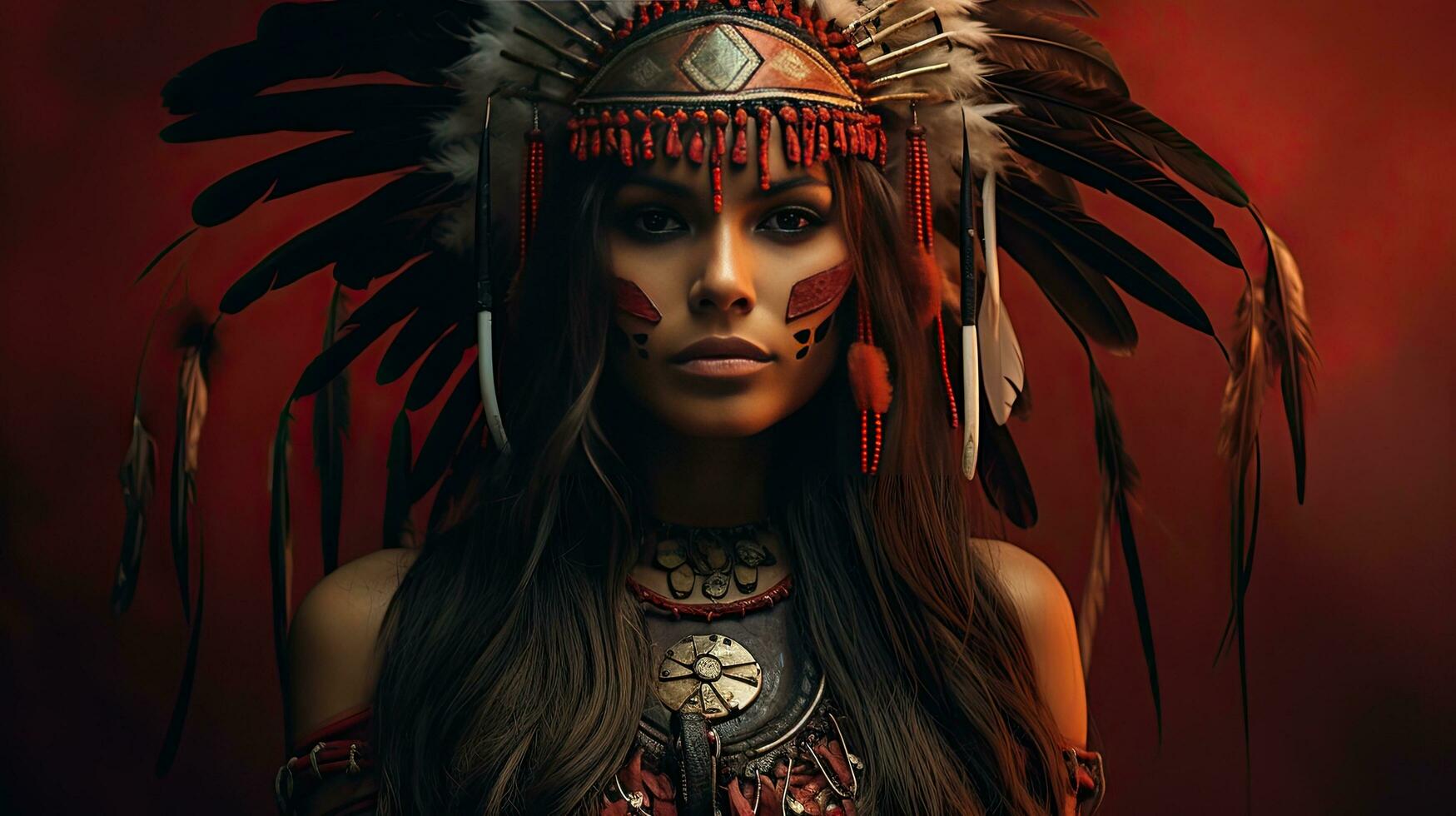 beautiful red indian woman with large American Indian feather background photo