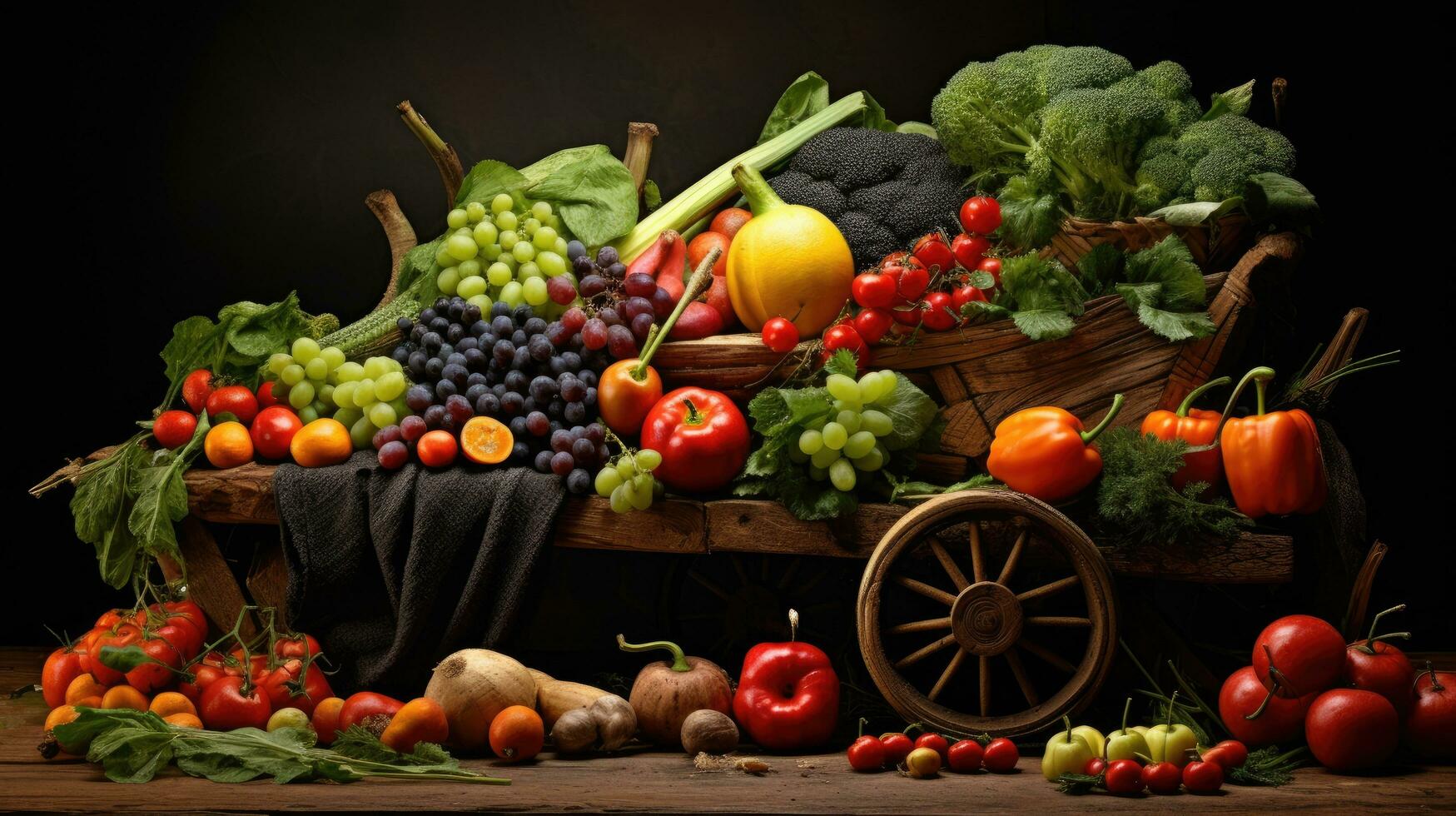 Studio shot of various fruits and vegetables isolated on black background. Top view. High resolution products photo