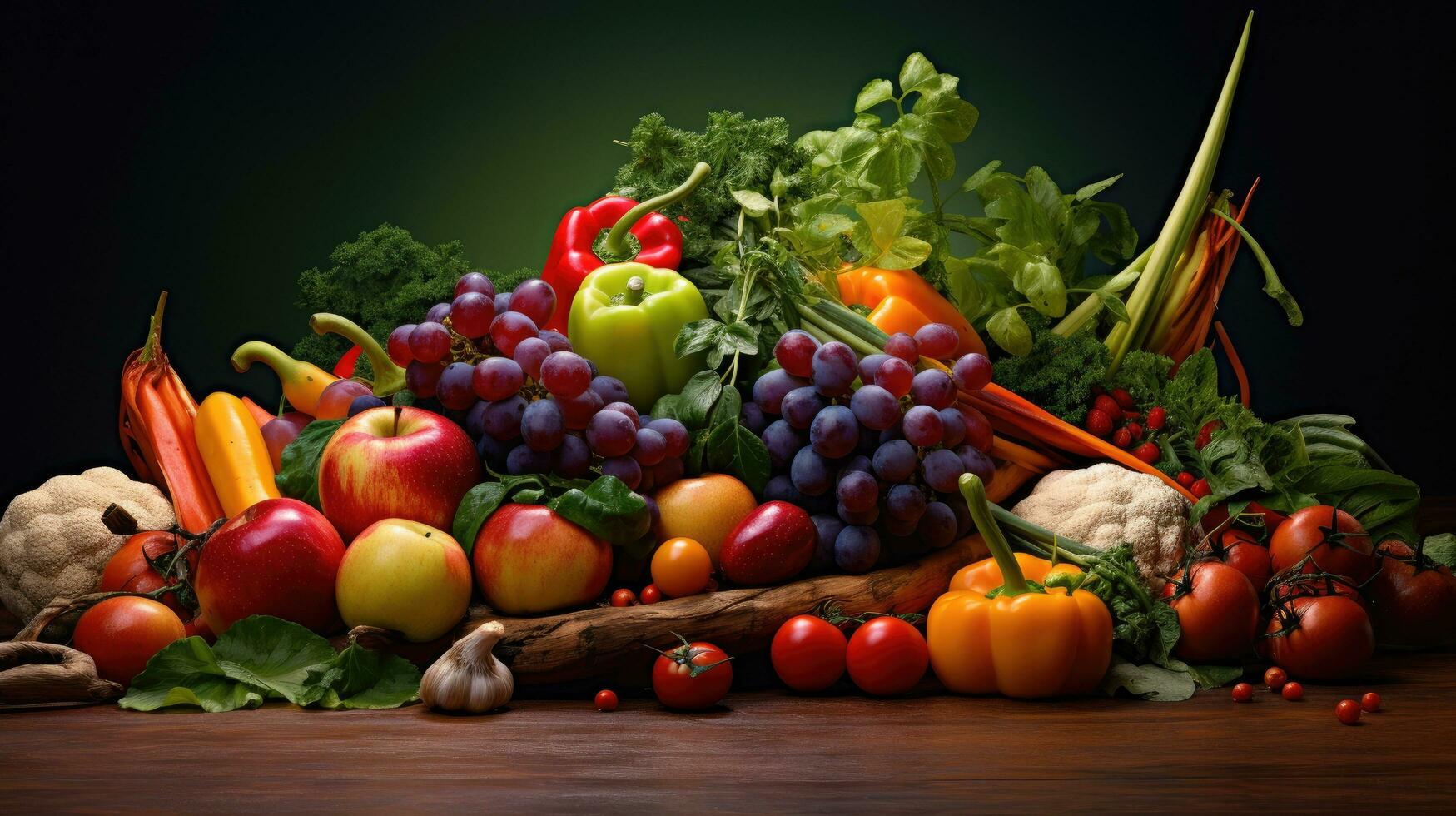 Studio shot of various fruits and vegetables isolated on black background. Top view. High resolution products photo