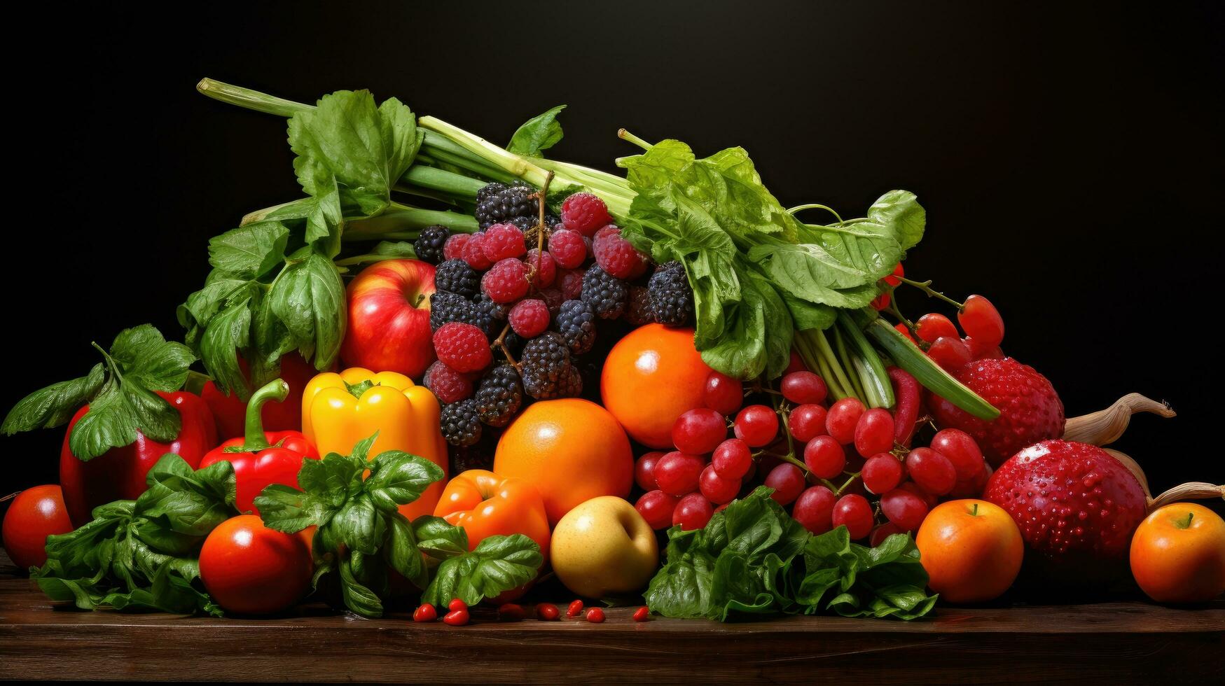 Studio shot of various fruits and vegetables isolated on black background. Top view. High resolution products photo