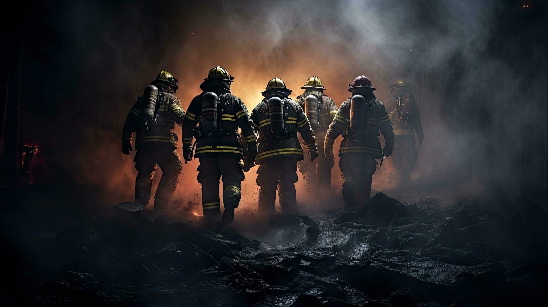 Close-up of firefighters wearing masks. Fight wildfires as climate change and global warming drive wildfire trends around the world photo