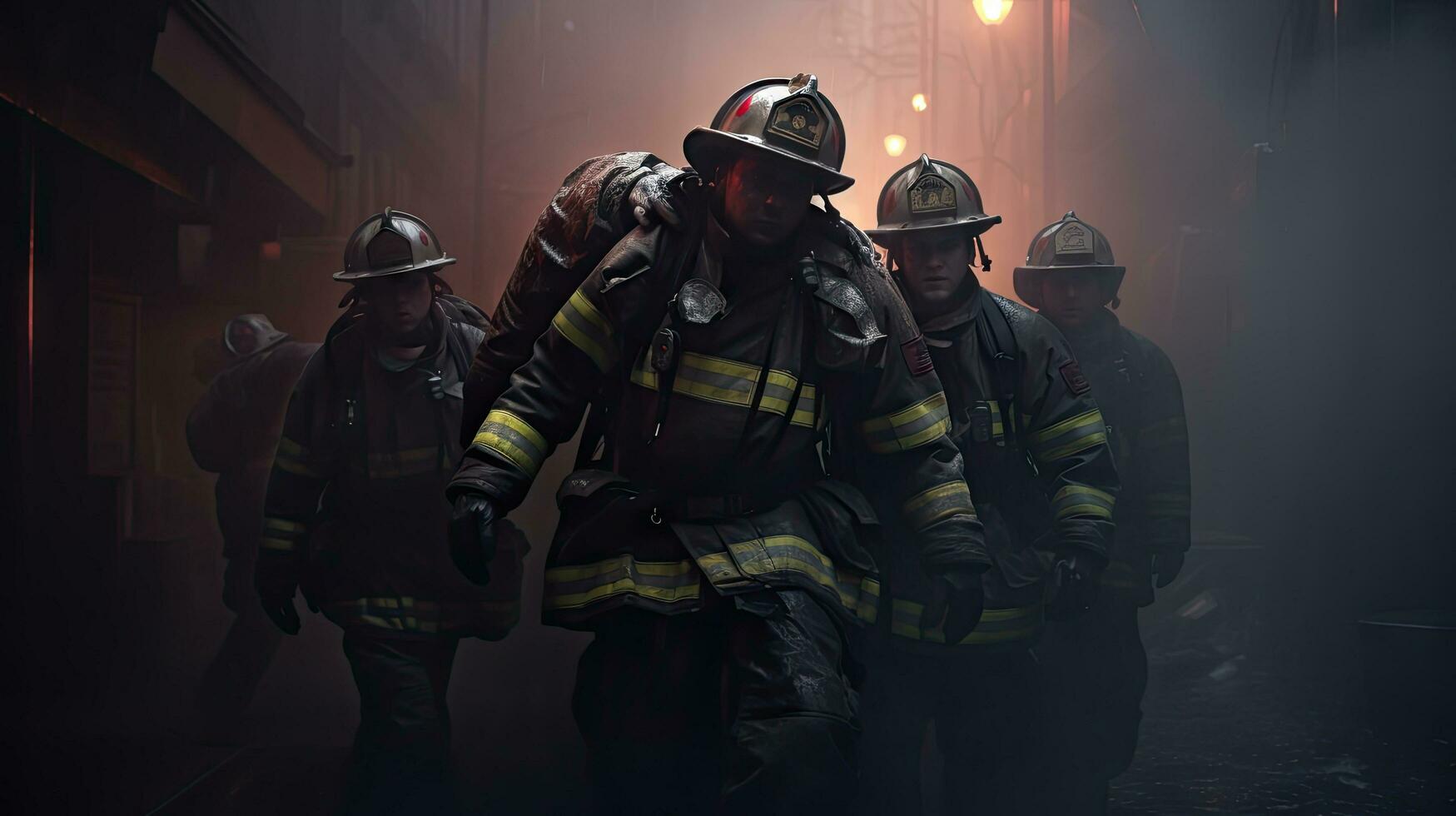 Close-up of firefighters wearing masks. Fight wildfires as climate change and global warming drive wildfire trends around the world photo