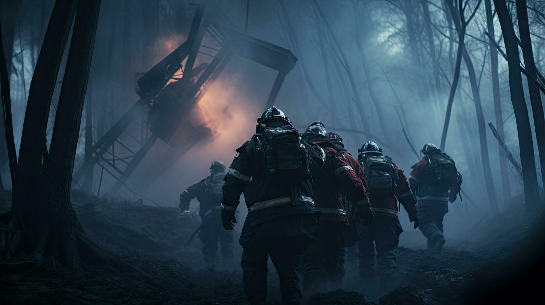 Close-up of firefighters wearing masks. Fight wildfires as climate change and global warming drive wildfire trends around the world photo