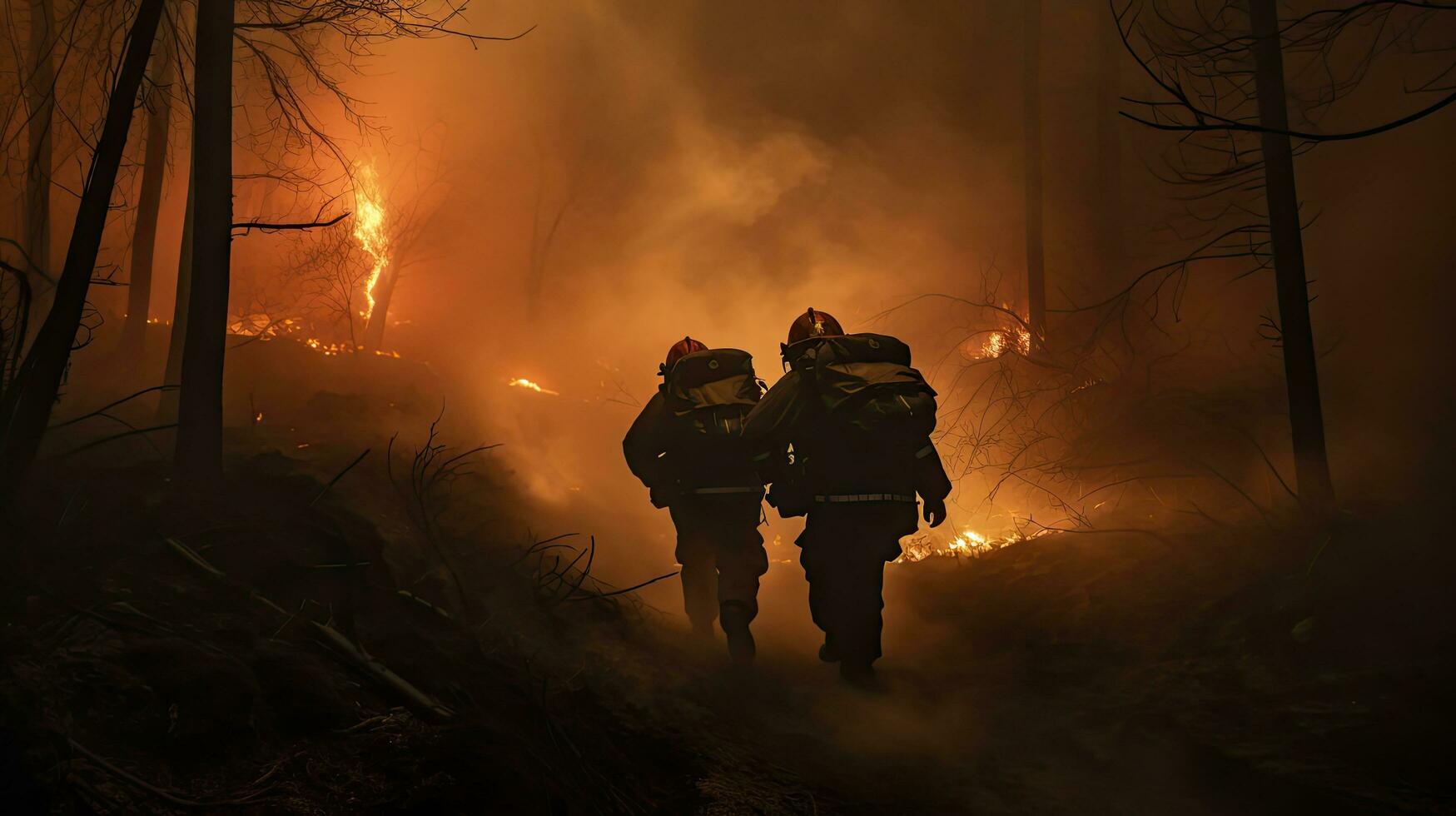 Close-up of firefighters wearing masks. Fight wildfires as climate change and global warming drive wildfire trends around the world photo