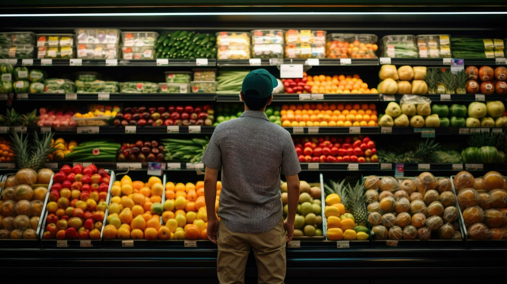 Young man shopping, putting fruit into baskets in a large modern supermarket to buy food. photo