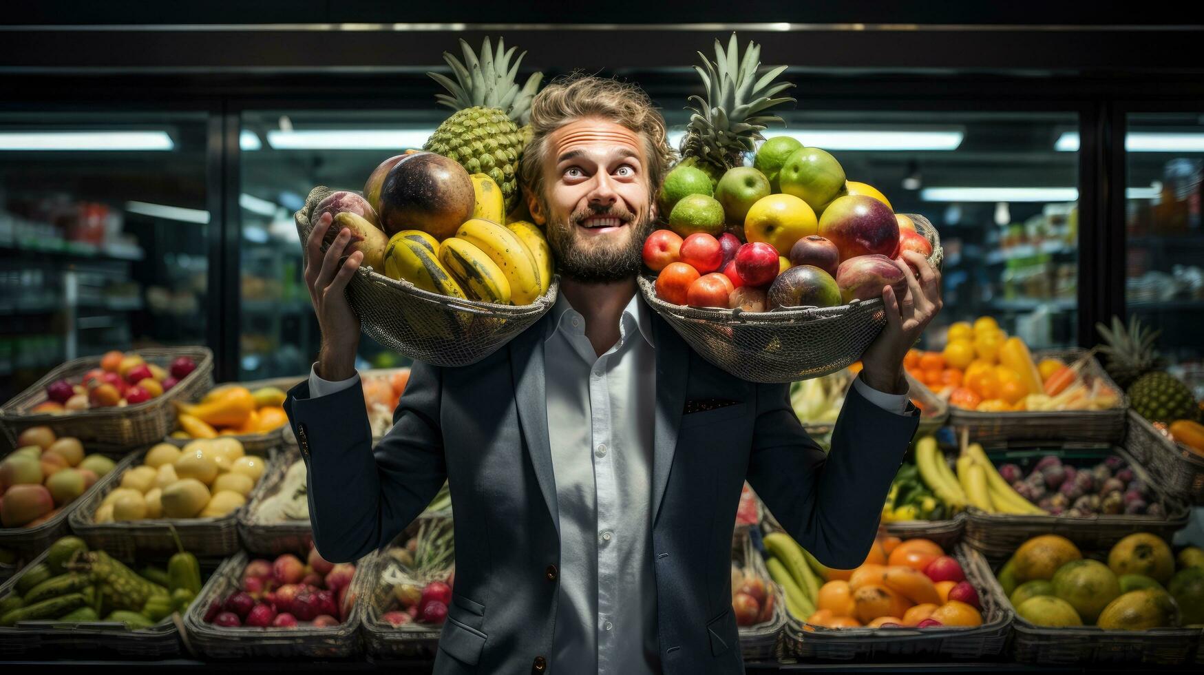 Young man shopping, putting fruit into baskets in a large modern supermarket to buy food. photo