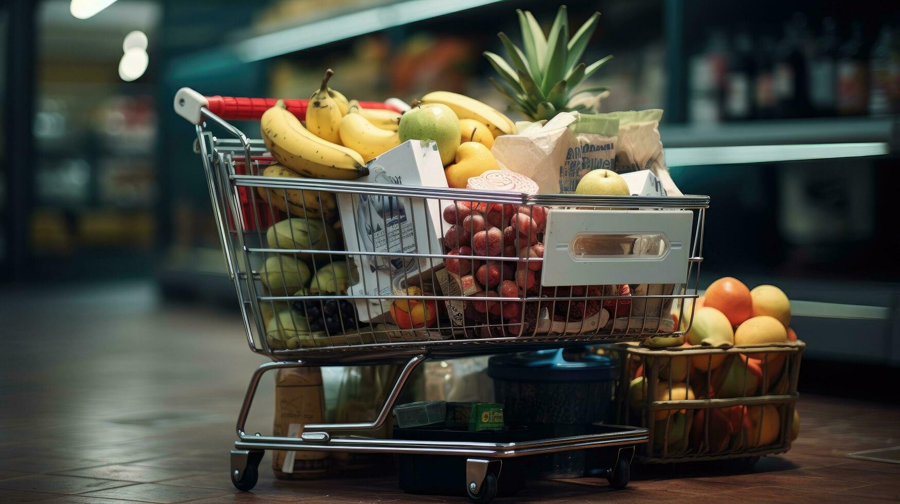 Shopping cart full of food and drinks and supermarket shelves behind grocery shopping concept. photo