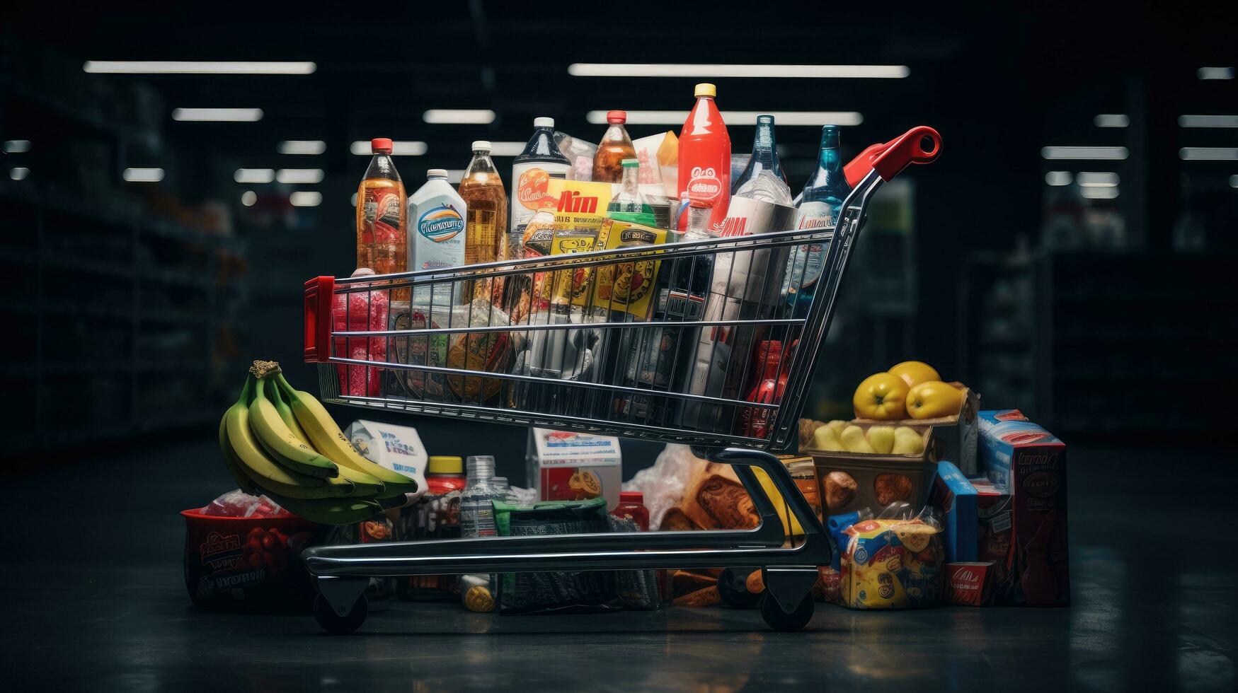 Shopping cart full of food and drinks and supermarket shelves behind grocery shopping concept. photo