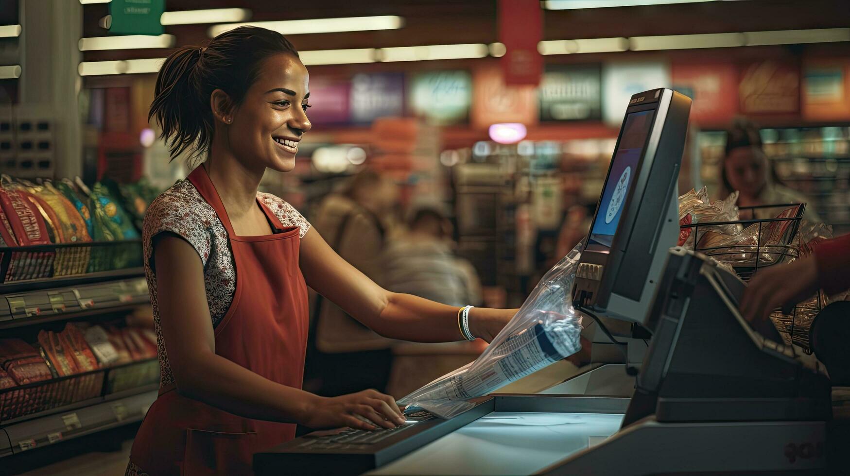 Beautiful smiling cashier working at grocery store,cashier photo