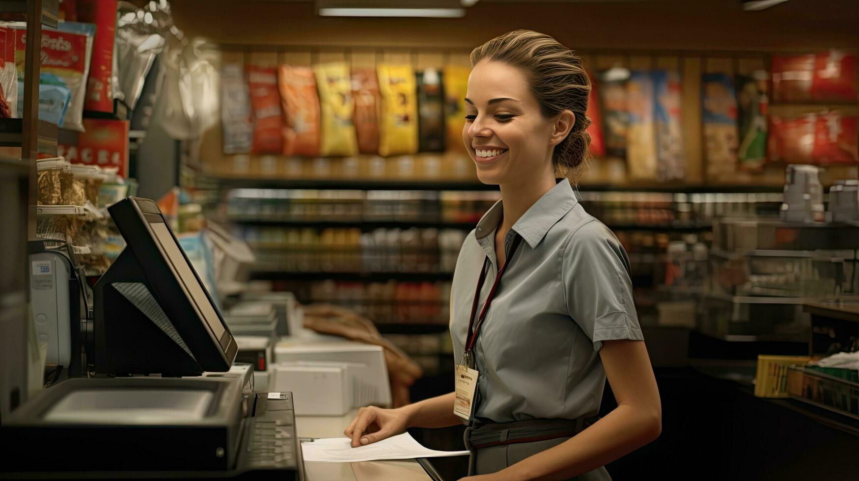 Beautiful smiling cashier working at grocery store,cashier photo