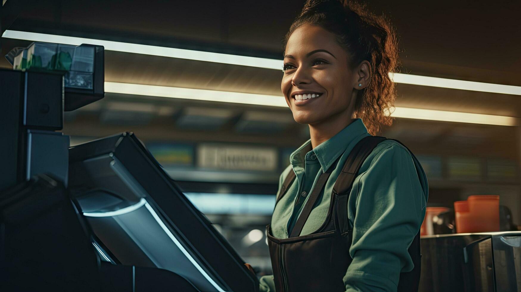 Beautiful smiling cashier working at grocery store,cashier photo