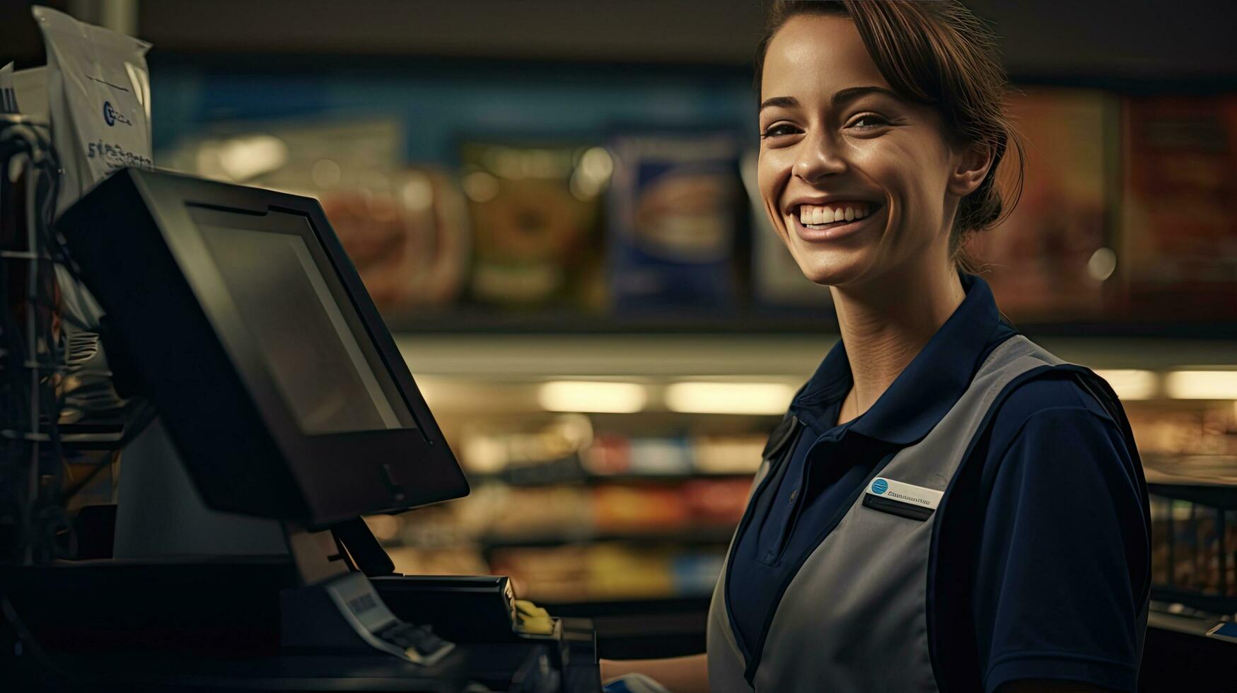 Beautiful smiling cashier working at grocery store,cashier photo