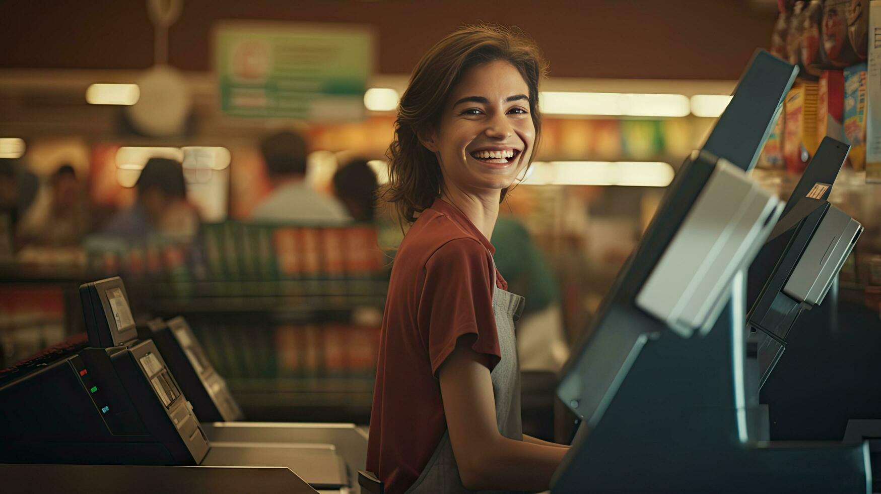 hermosa sonriente cajero trabajando a tienda de comestibles tienda, cajero foto