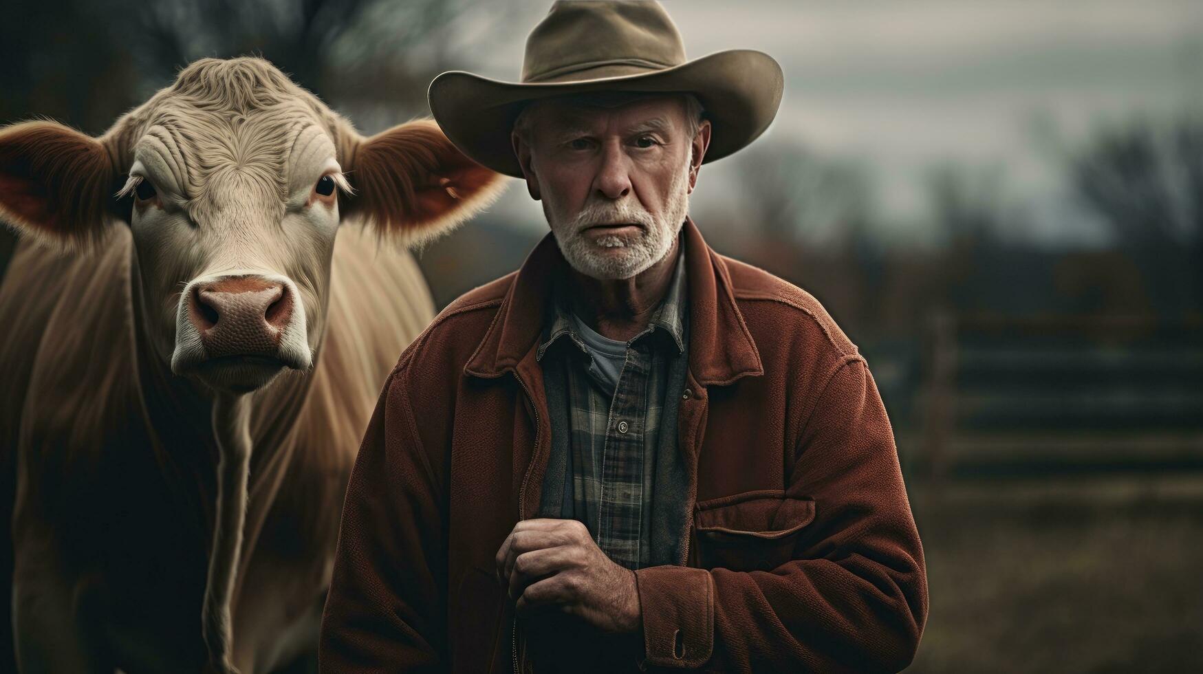 Mature male farmer smiles proudly into camera at his work on a rural farm with cows. photo