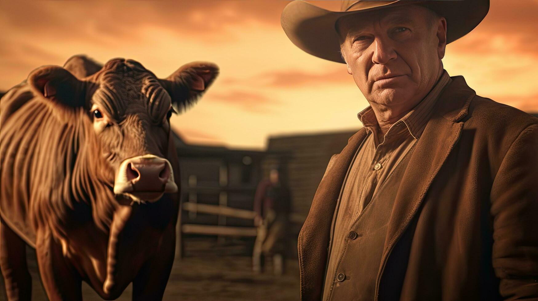 Mature male farmer smiles proudly into camera at his work on a rural farm with cows. photo
