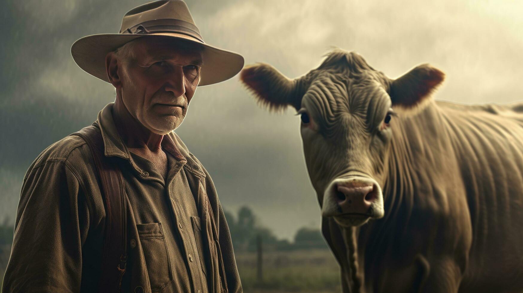 Mature male farmer smiles proudly into camera at his work on a rural farm with cows. photo