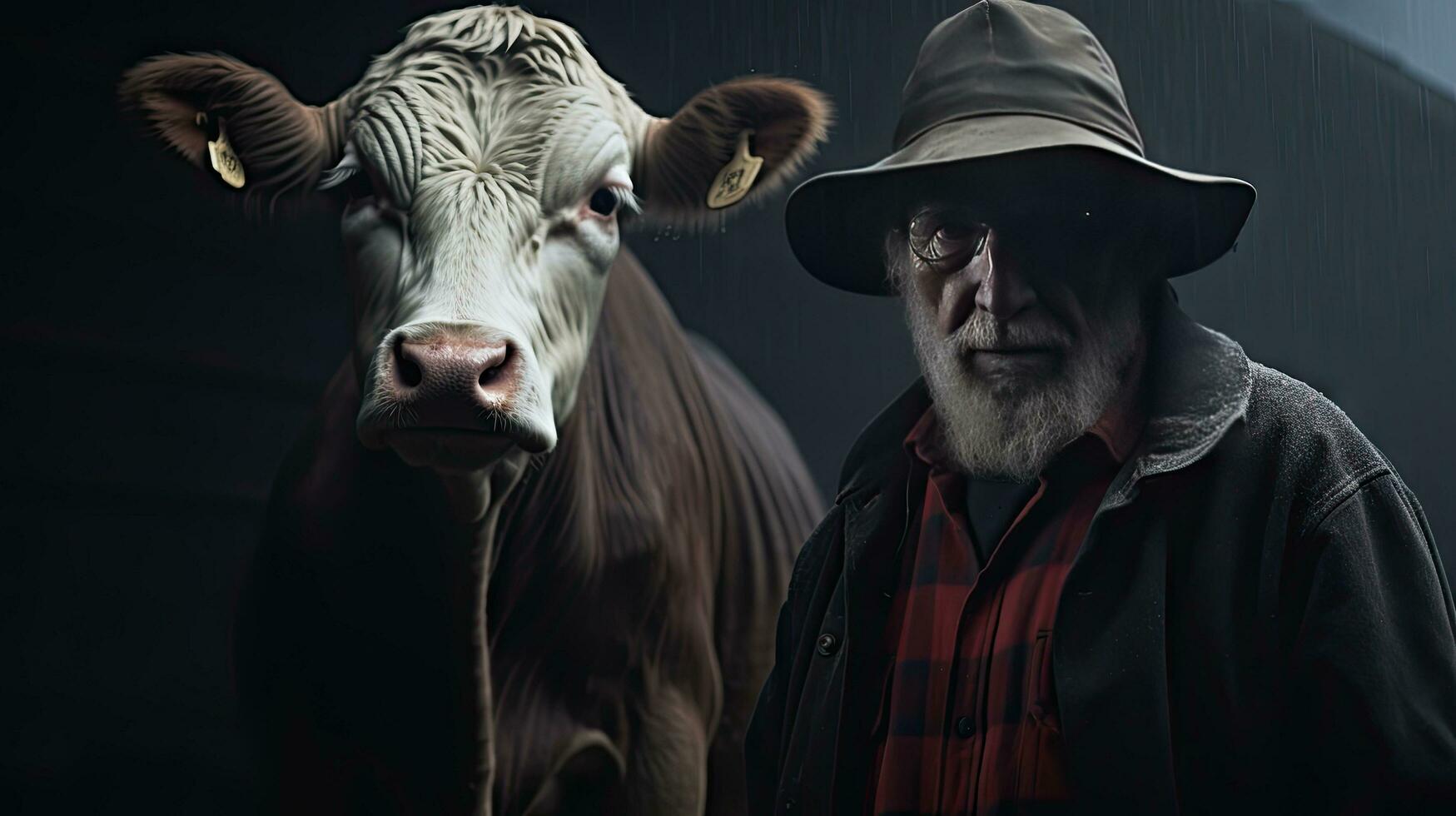Mature male farmer smiles proudly into camera at his work on a rural farm with cows. photo