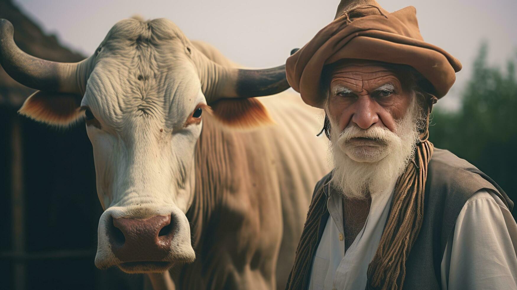 Mature male farmer smiles proudly into camera at his work on a rural farm with cows. photo