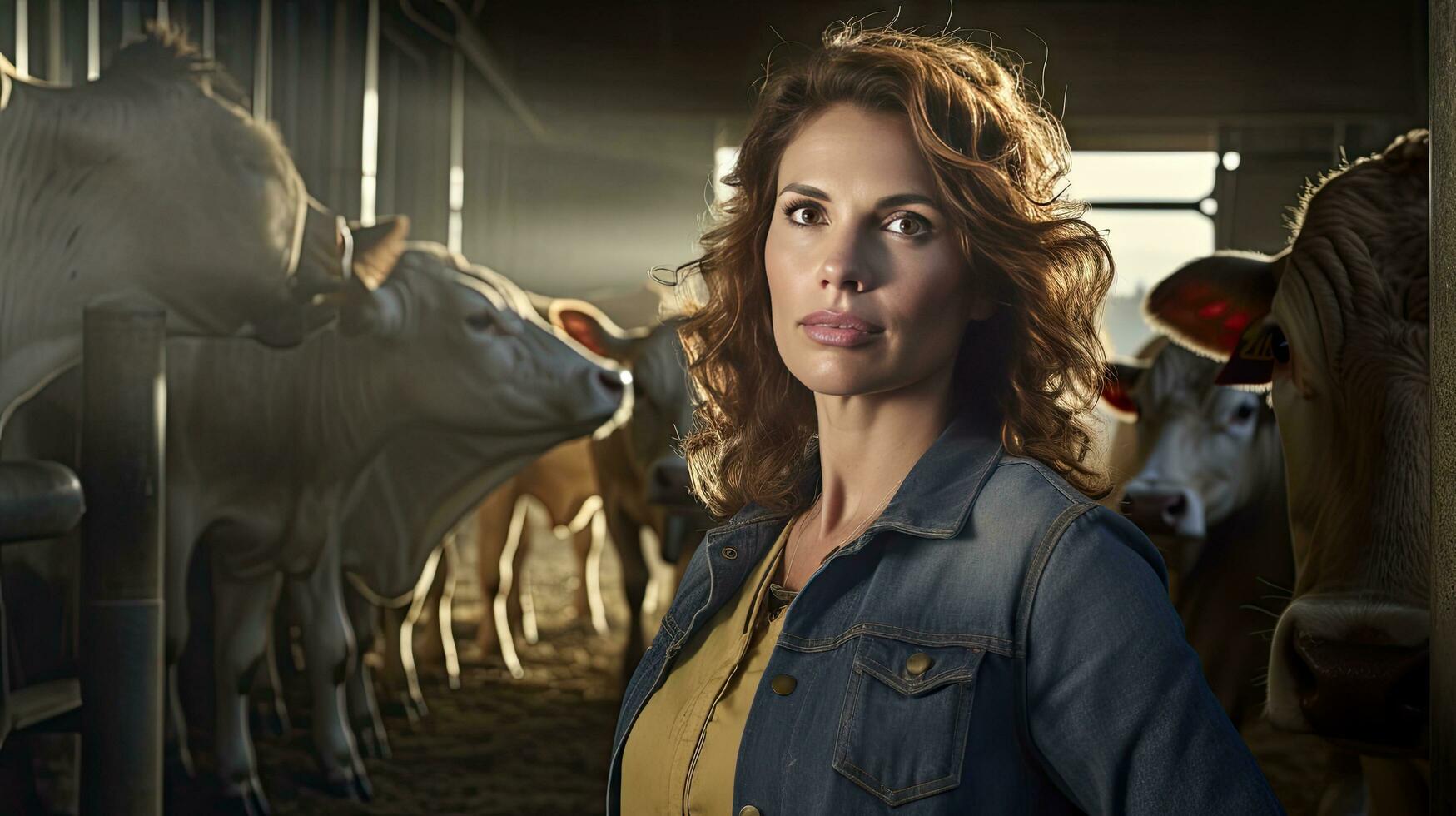 Happy female farmer standing with cows at the cattle farm.Female farmer raising cows photo