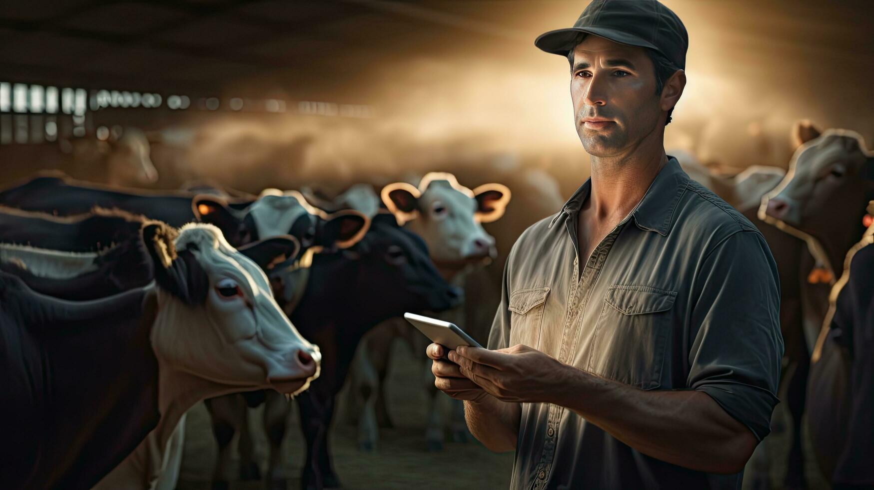 Happy female farmer standing with cows at the cattle farm.Female farmer raising cows photo