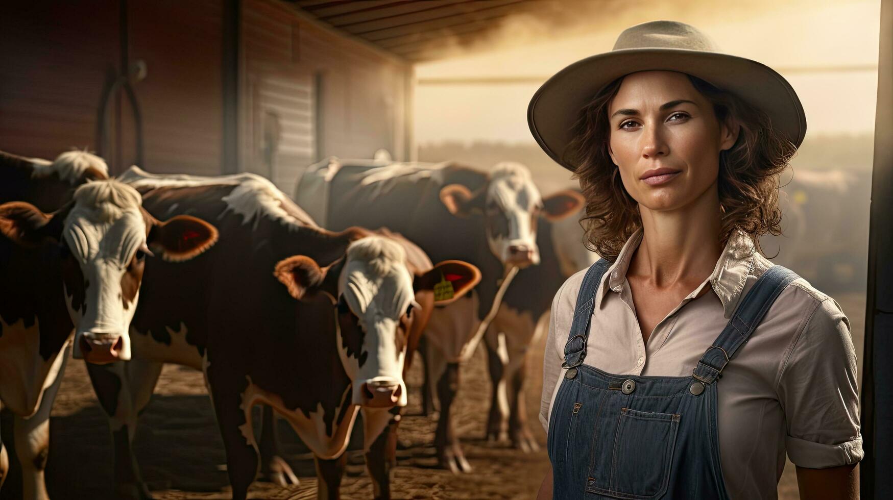 Happy female farmer standing with cows at the cattle farm.Female farmer raising cows photo