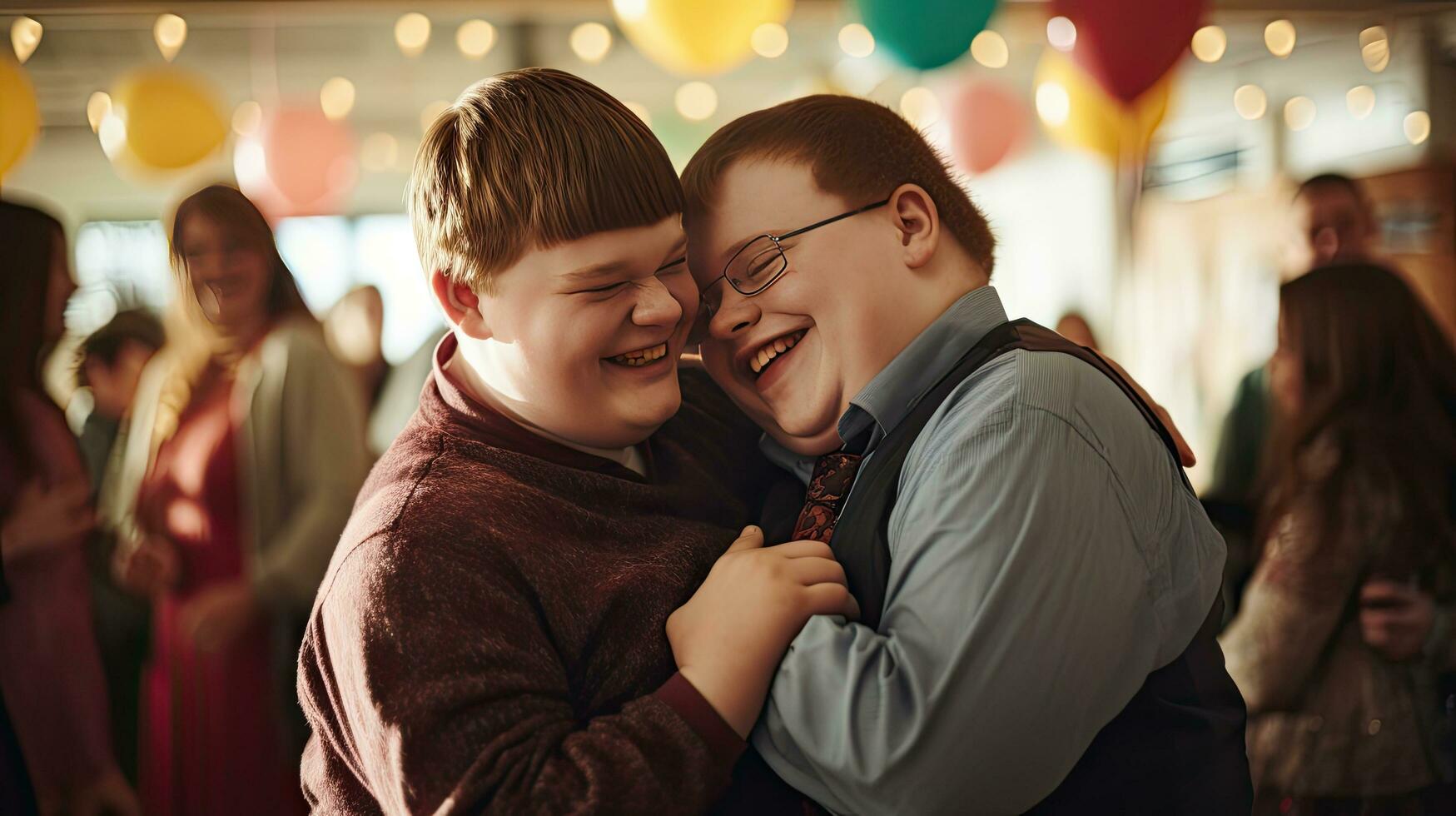 Happy young man with Down syndrome and his mentor friend celebrate success photo